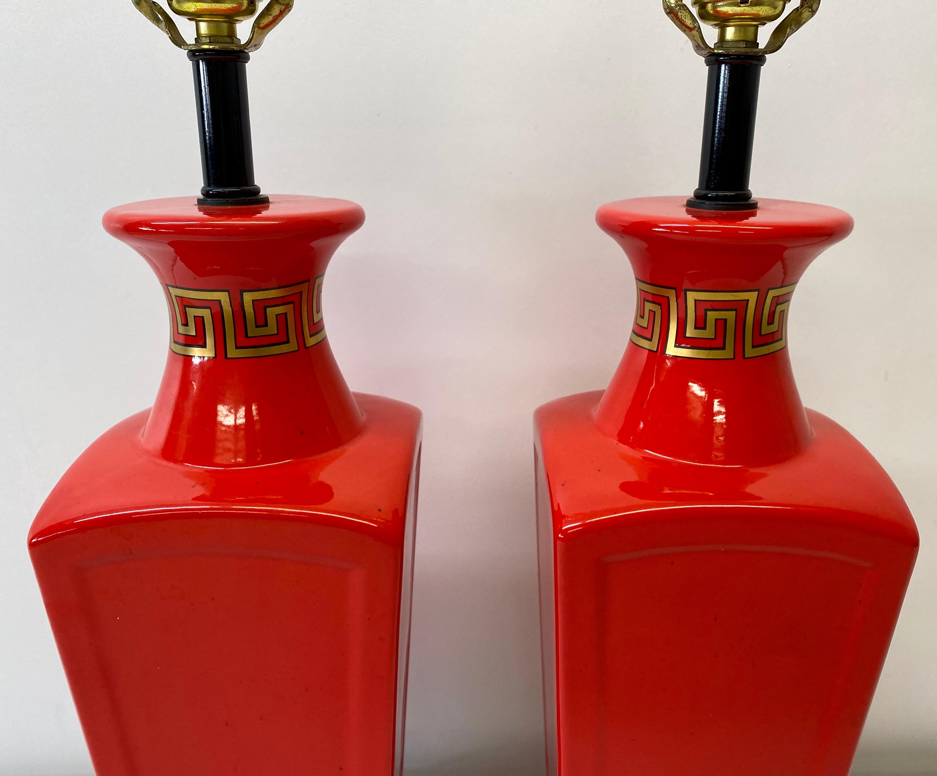 Mid-Century Modern Pair of Vintage Asian Inspired Chinese Red Table Lamps, circa 1960 For Sale
