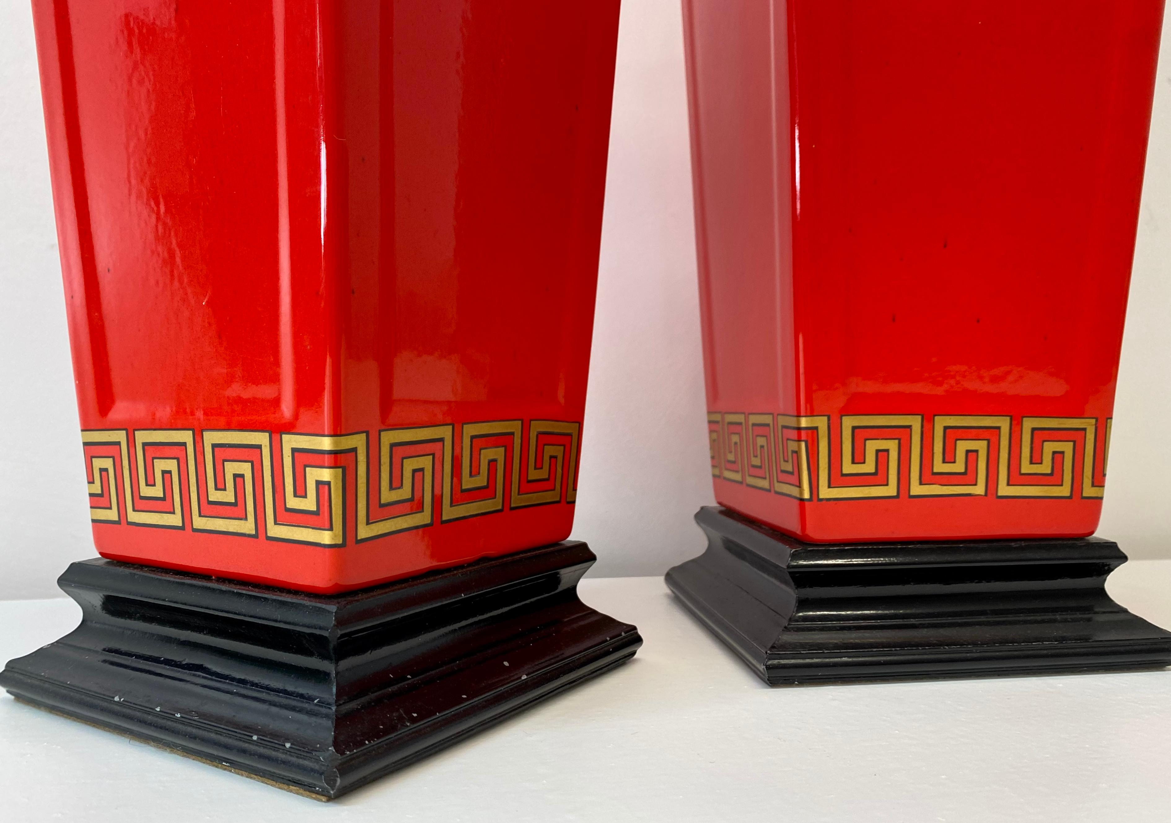 Hand-Painted Pair of Vintage Asian Inspired Chinese Red Table Lamps, circa 1960 For Sale