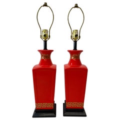 Pair of Vintage Asian Inspired Chinese Red Table Lamps, circa 1960