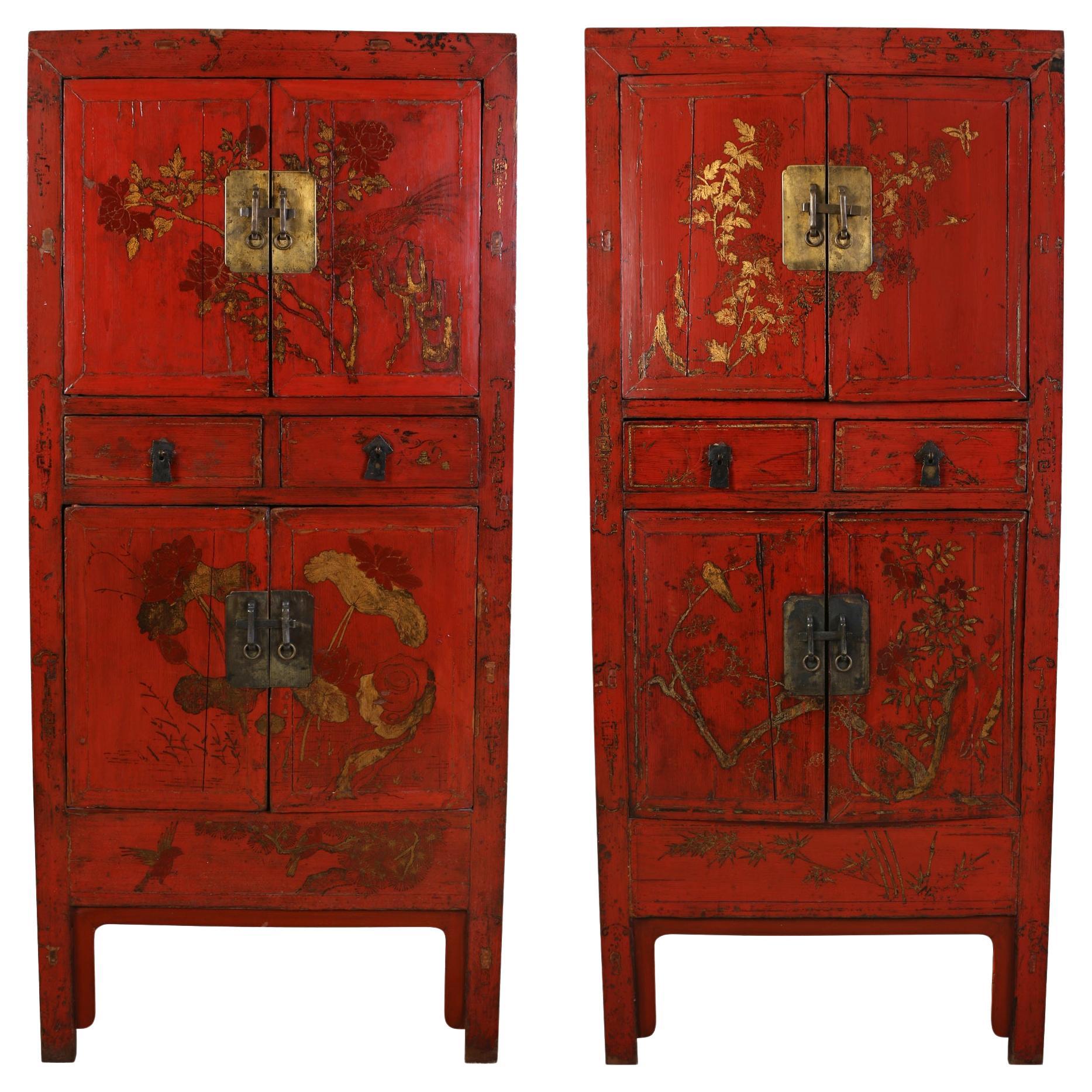 Pair of Vintage Asian Red Lacquer Cabinets