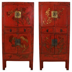 Pair of Vintage Asian Red Lacquer Cabinets