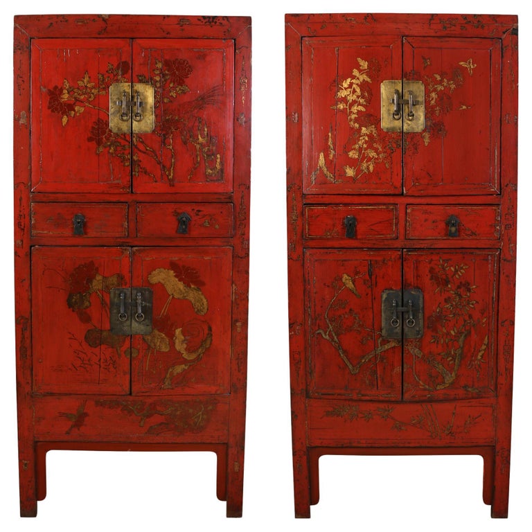 Pair of Vintage Asian Red Lacquer Cabinets For Sale at 1stDibs