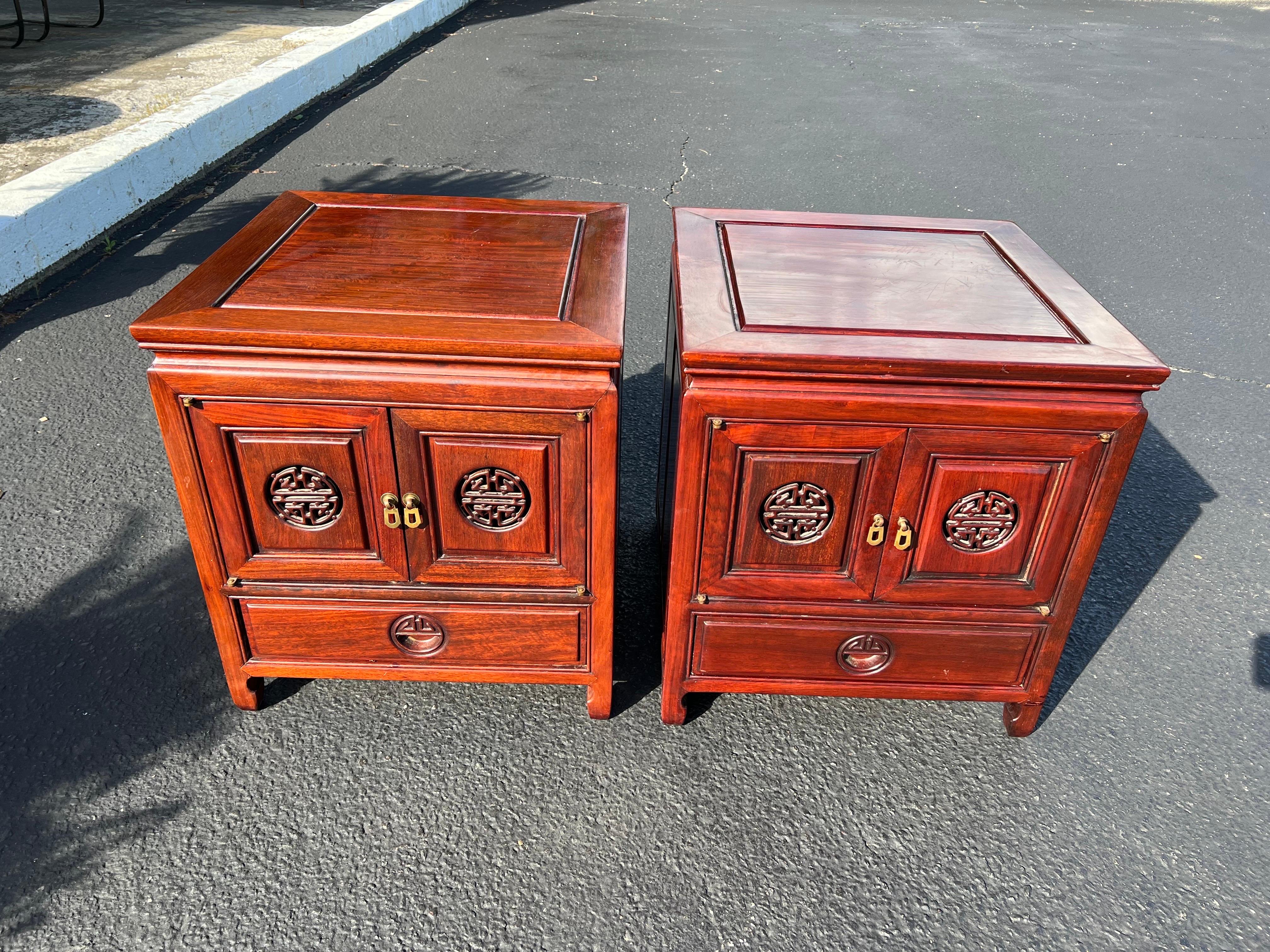 Pair of Vintage Asian Rosewood Nightstands by George Zee In Good Condition For Sale In Redding, CT