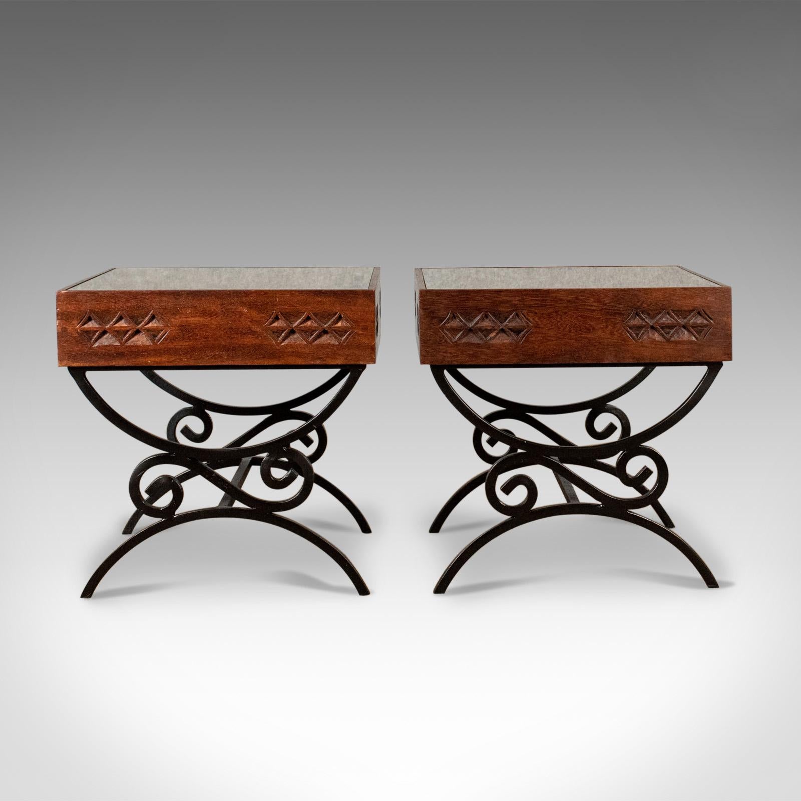 Rustic Pair of Vintage Asian Side Tables Heavy Carved Teak Coffee Glass