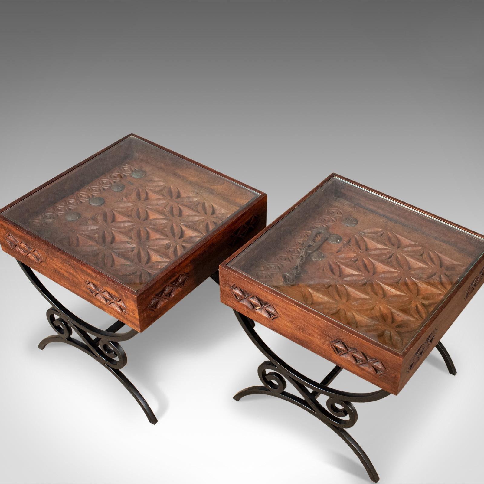 Pair of Vintage Asian Side Tables Heavy Carved Teak Coffee Glass In Good Condition In Hele, Devon, GB