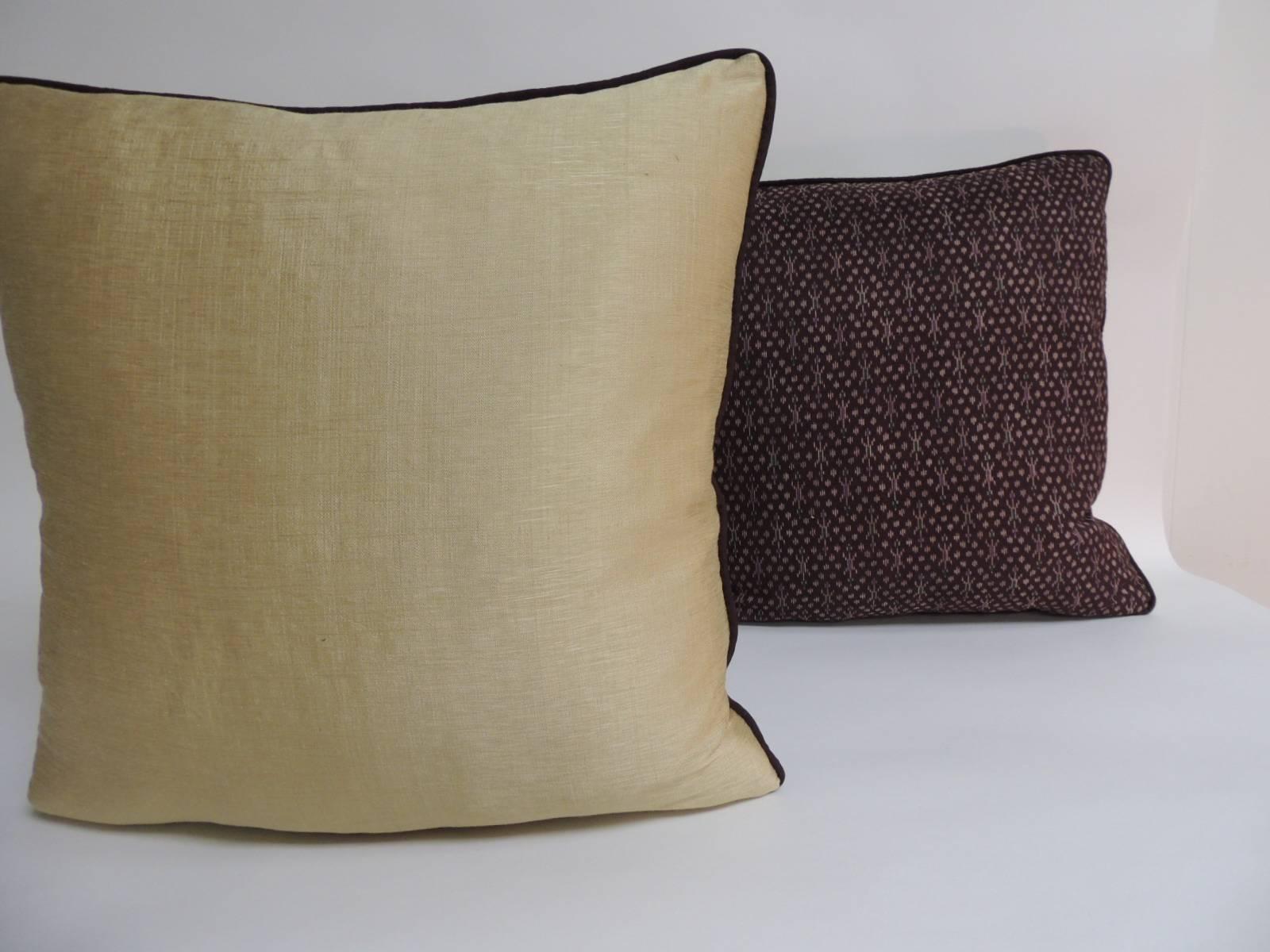 Hand-Crafted Pair of Vintage Asian Silk Brown and Gold Ikat Decorative Pillows