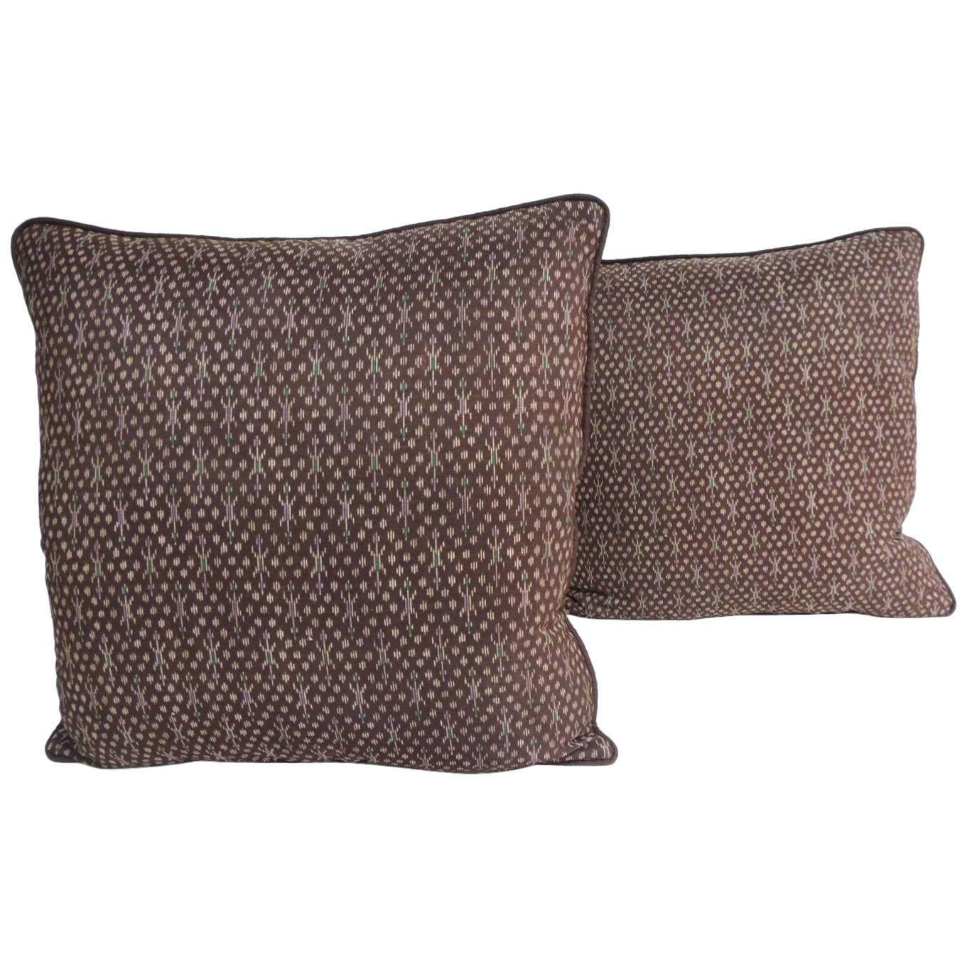 Pair of Vintage Asian Silk Brown and Gold Ikat Decorative Pillows