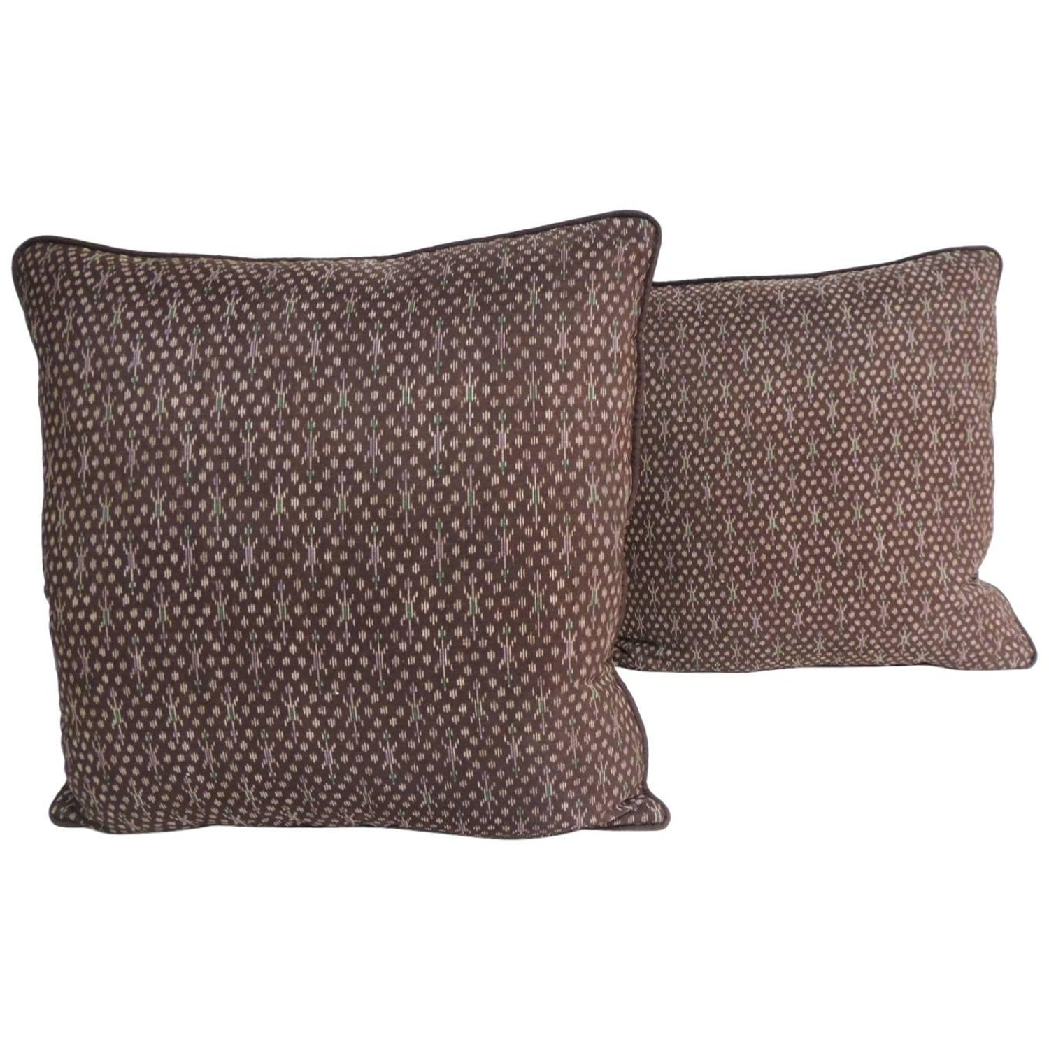 Pair Of Vintage Asian Silk Brown And Gold Ikat Decorative Pillows