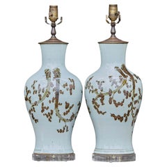 Coppia di lampade in ceramica Asian Style d'epoca con motivo a rami marroni su lucite