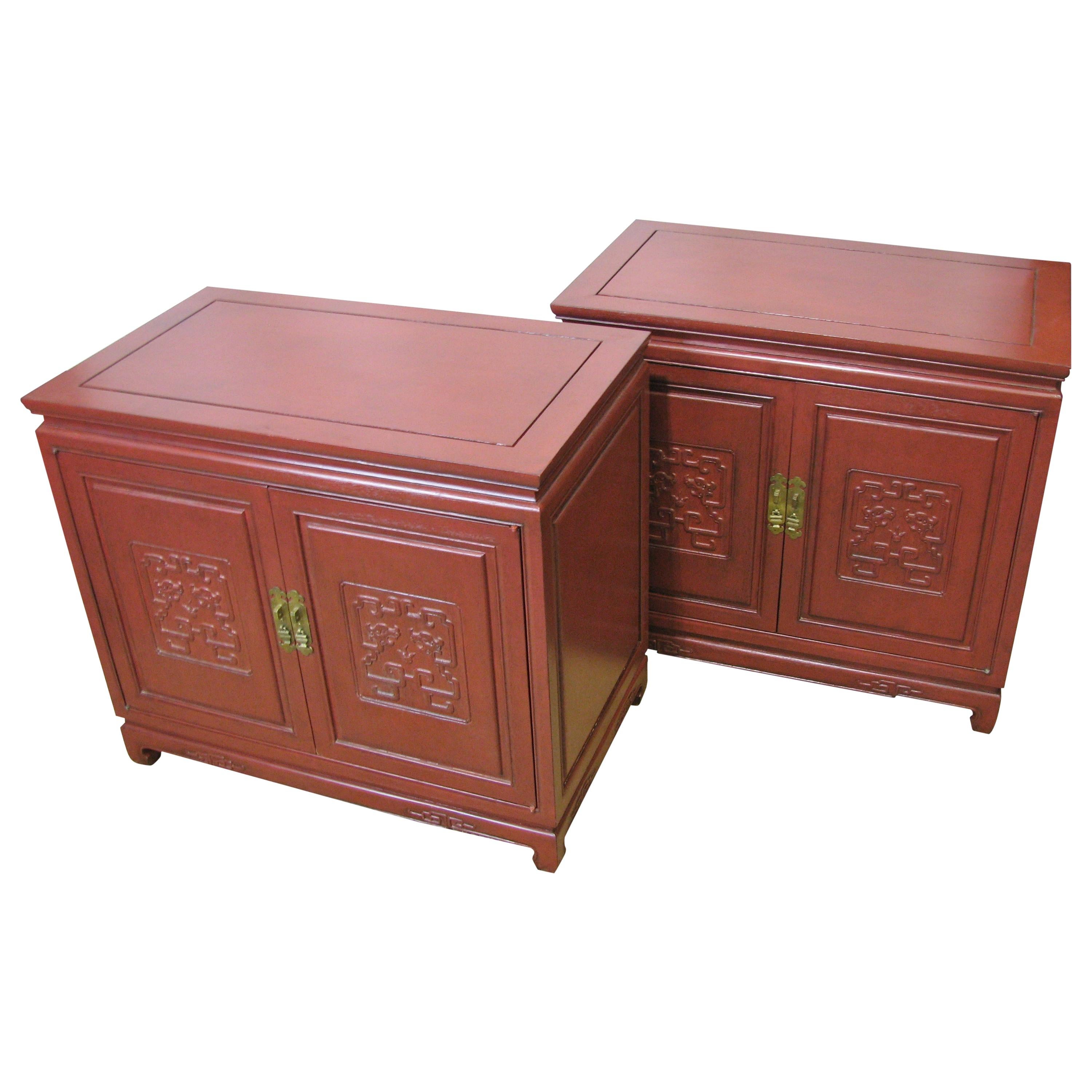 Pair of Vintage Asian Style Painted Cabinets, Red Mottled Effect Finish For Sale