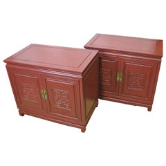 Pair of Vintage Asian Style Painted Cabinets, Red Mottled Effect Finish