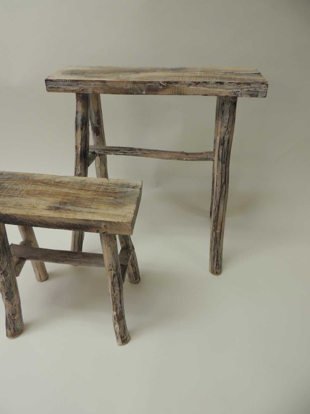 Rustic Pair of vintage Asian white washed rubbed wood painted nesting side tables/stands.
Nice and sturdy side tables, stands, great for bathroom decor, candles, planters.
Tall: 15.5 x 10 x 17 H
Short: 11 x 6.5 x 11 H.