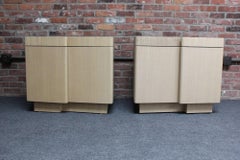 Pair of Vintage Asymmetrical White Oak and Grasscloth Nightstands