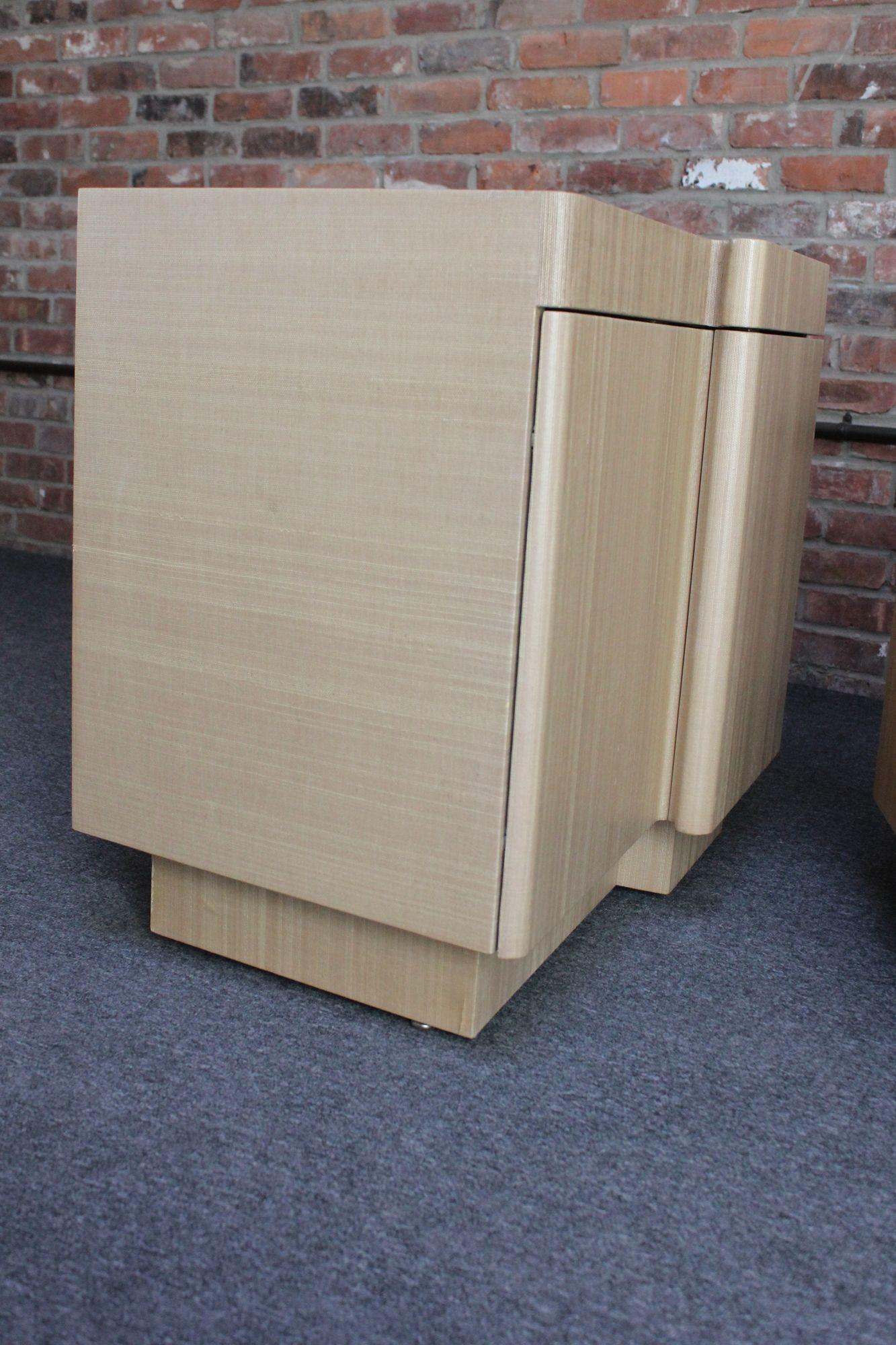 Pair of Vintage Asymmetrical White Oak and Grasscloth Nightstands For Sale 2