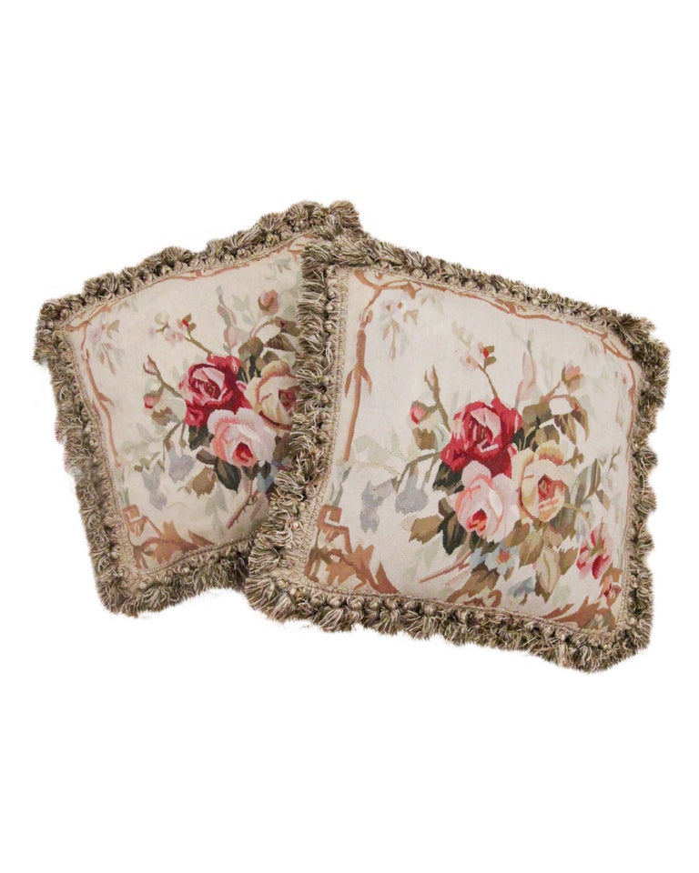 Pair of Vintage Aubusson Cushion Covers Handmade Floral Pillow Case For Sale 6