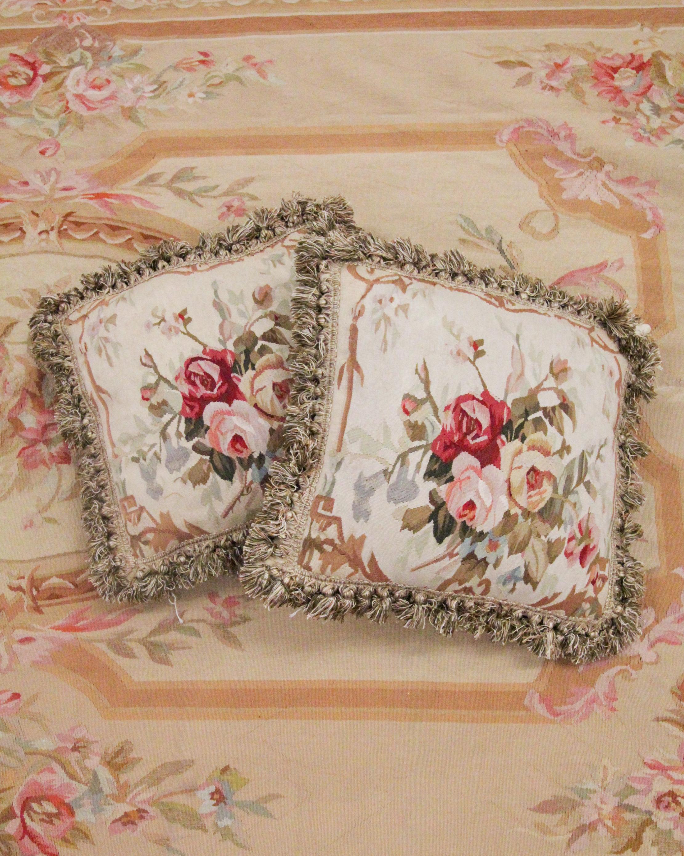 Vegetable Dyed Pair of Vintage Aubusson Cushion Covers Handmade Floral Pillow Case