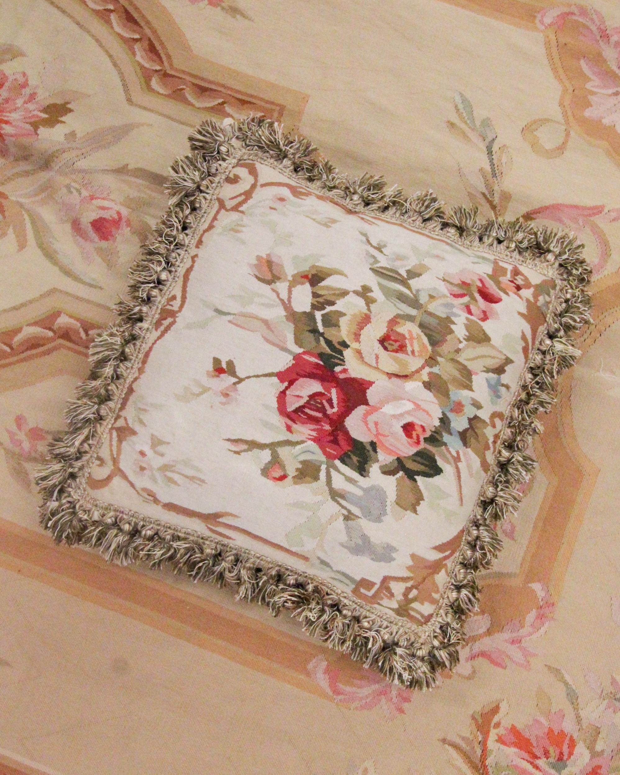 Pair of Vintage Aubusson Cushion Covers Handmade Floral Pillow Case In Excellent Condition In Hampshire, GB