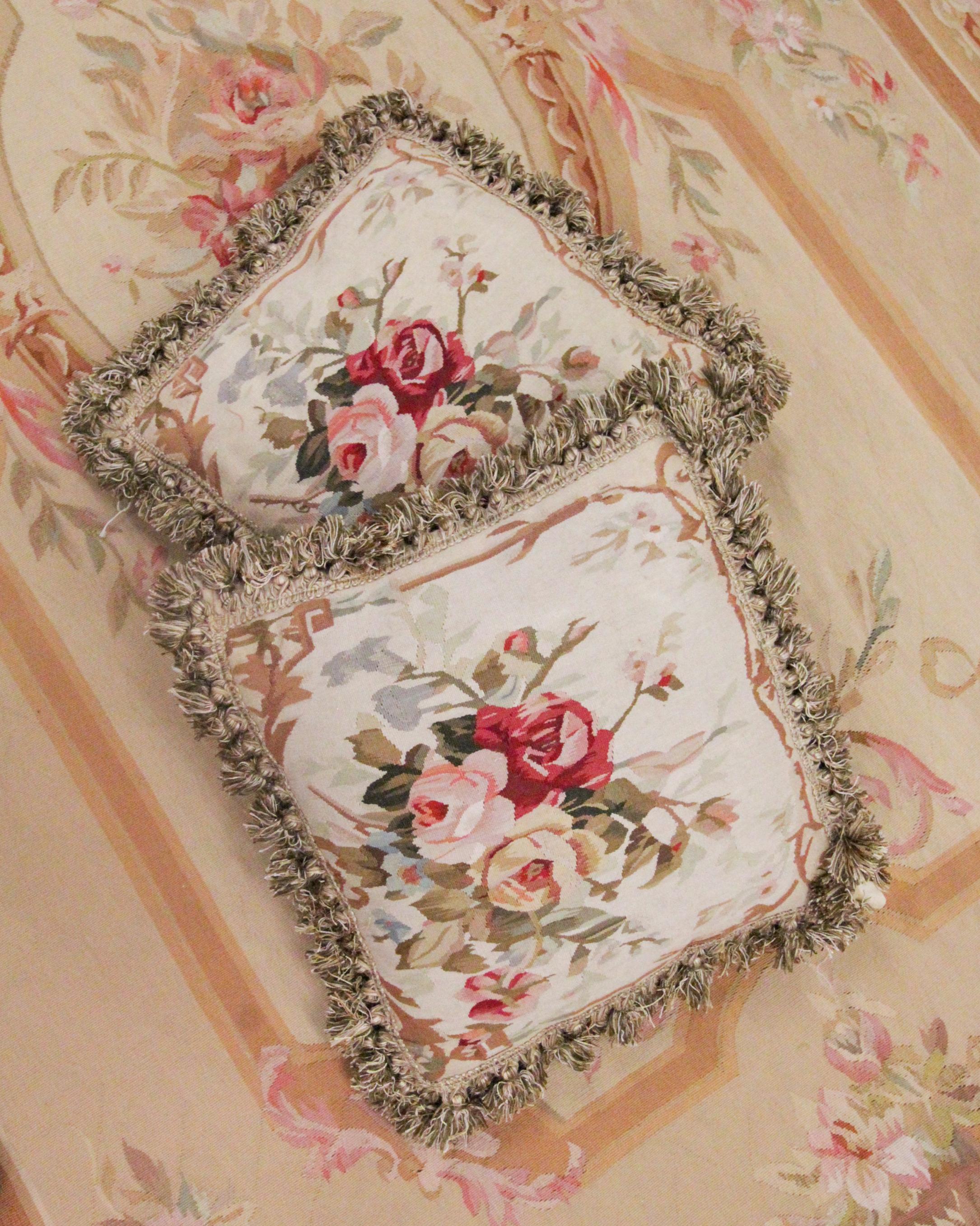 Contemporary Pair of Vintage Aubusson Cushion Covers Handmade Floral Pillow Case
