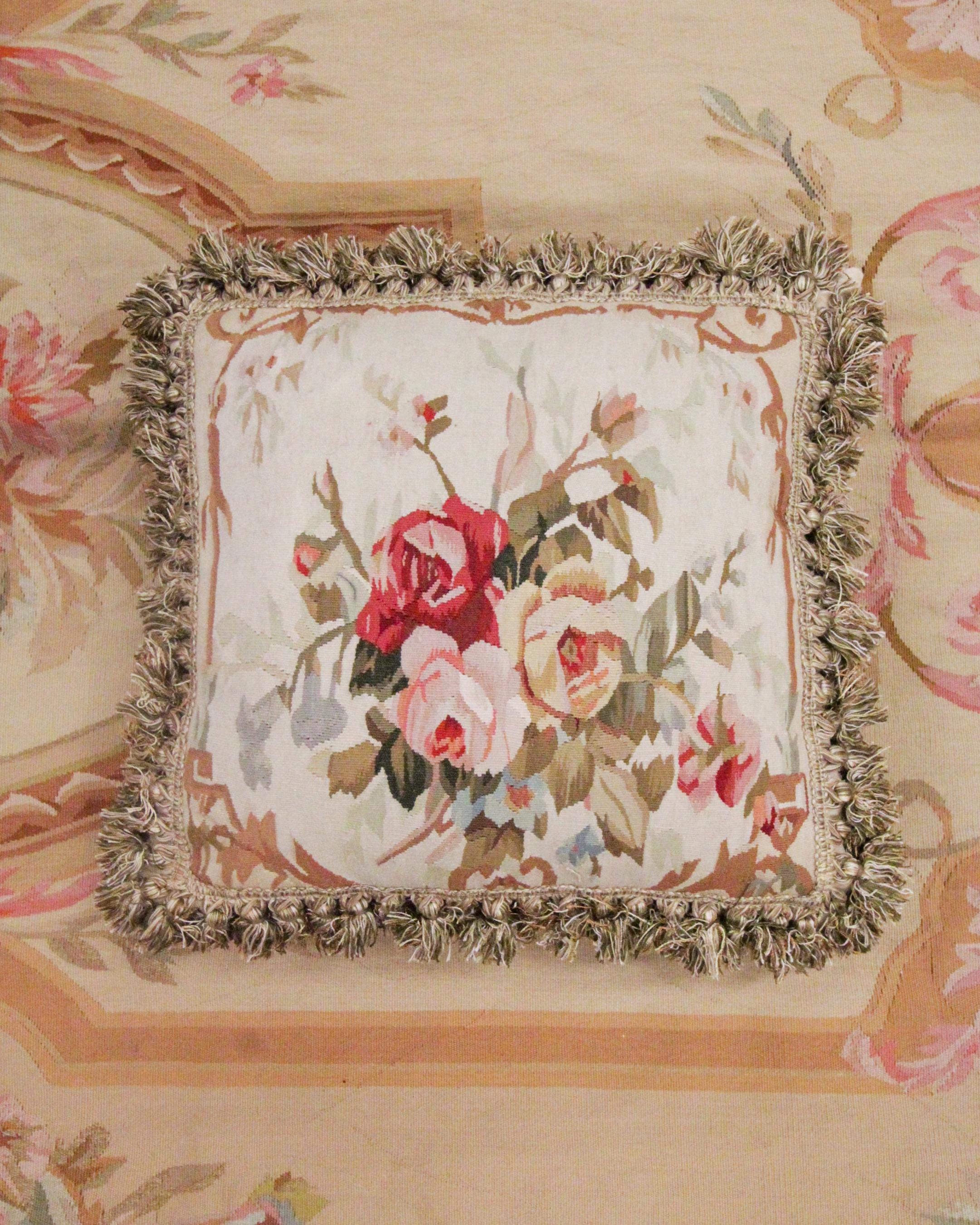 Pair of Vintage Aubusson Cushion Covers Handmade Floral Pillow Case 1