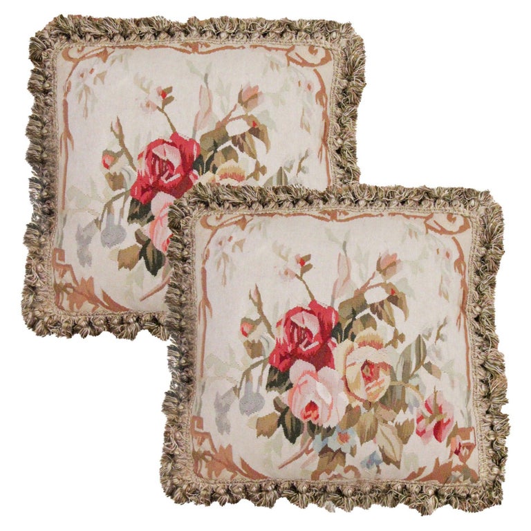 Pair of Vintage Aubusson Cushion Covers Handmade Floral Pillow Case For Sale