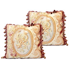 Pair of Vintage Aubusson Rug Cushion Covers Handmade Floral Pillow Case