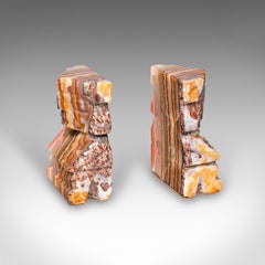 Pair Of Vintage Aztec Figure Bookends, Banded Agate, Book Rest, Art Deco, C.1930
