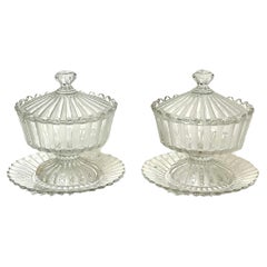 Pair of Antique Baccarat Crystal Frosted and Clear Lidded Bonbonnières, 19th C.