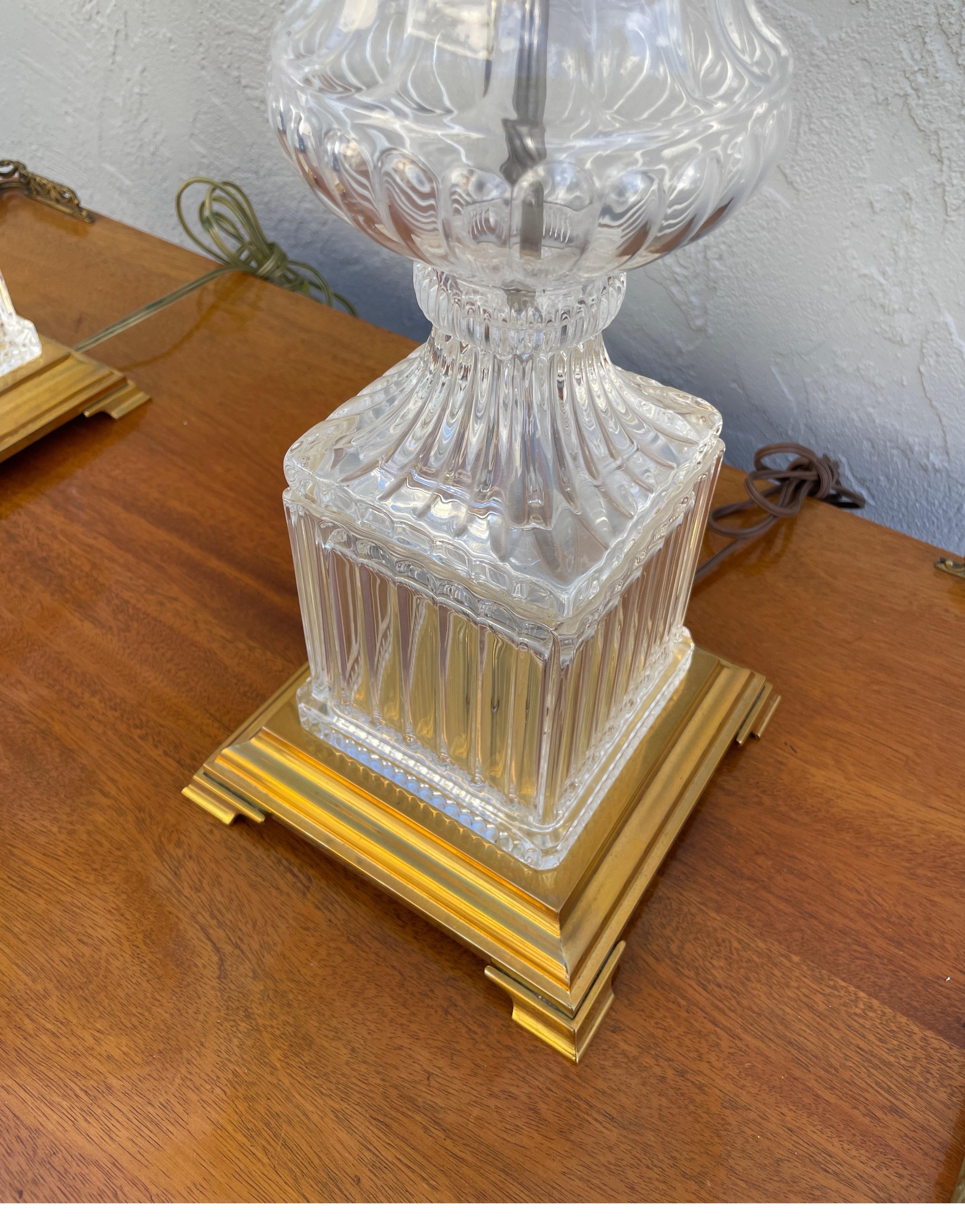 Pair of Vintage Baccarat Style Crystal Urn Lamps with Brass Base  For Sale 1