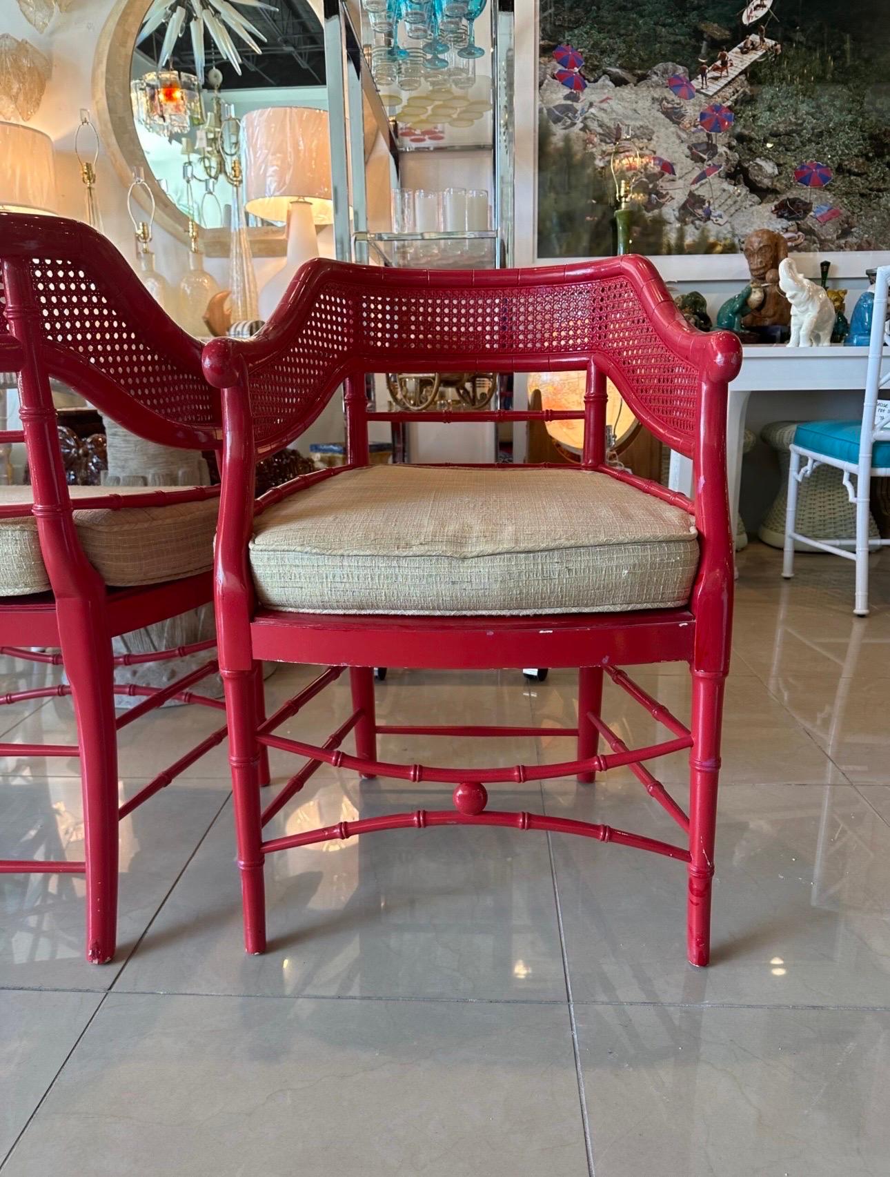 Pair of Vintage Baker Faux Bamboo Cane Occasional Barrel Arm Chairs  In Good Condition In West Palm Beach, FL