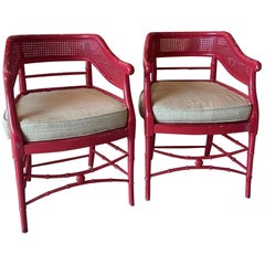Pair of Vintage Baker Faux Bamboo Cane Occasional Barrel Arm Chairs