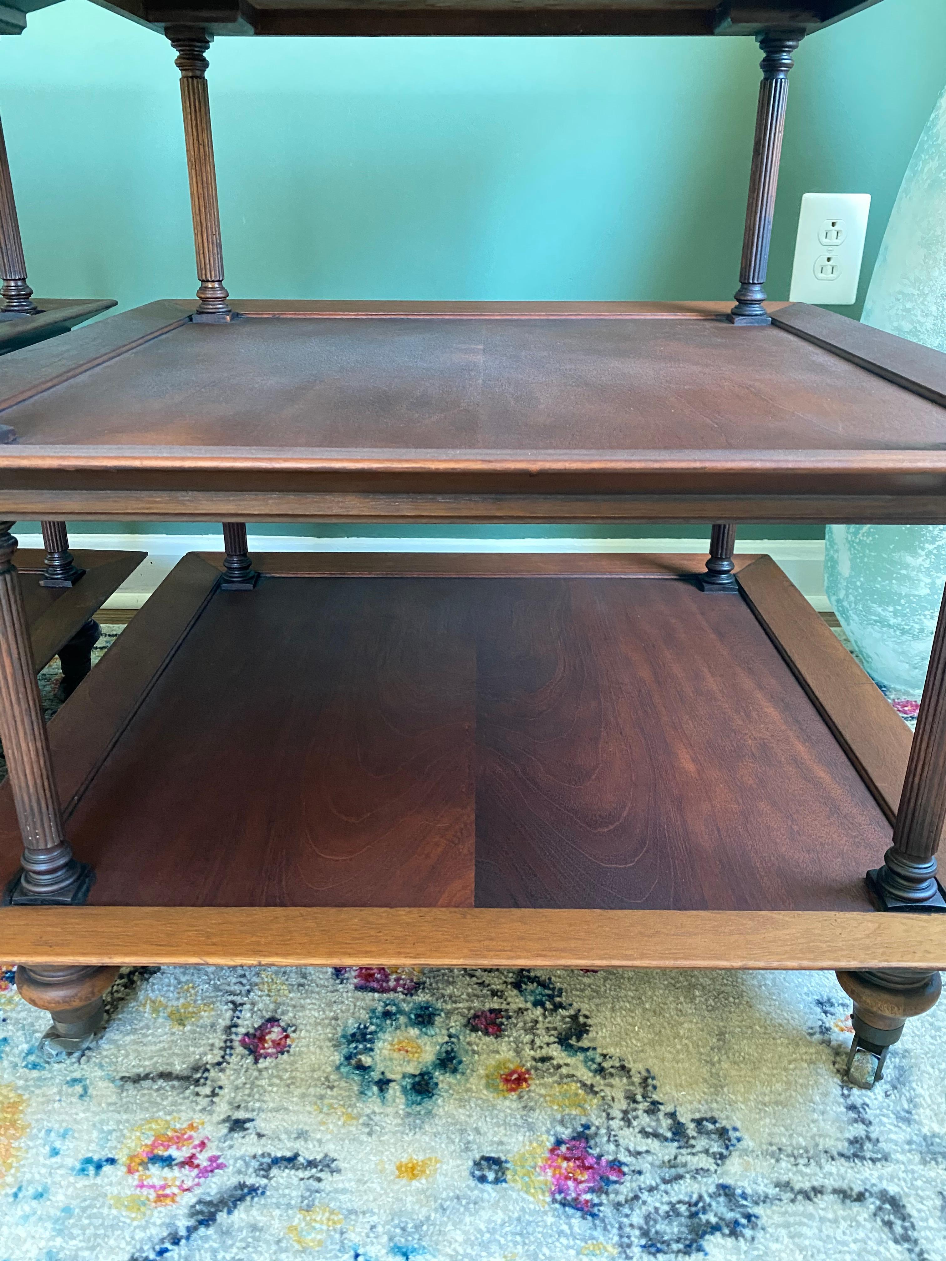 Pair of Vintage Baker Furniture Co. Style Three Tier Brown Side Tables 3