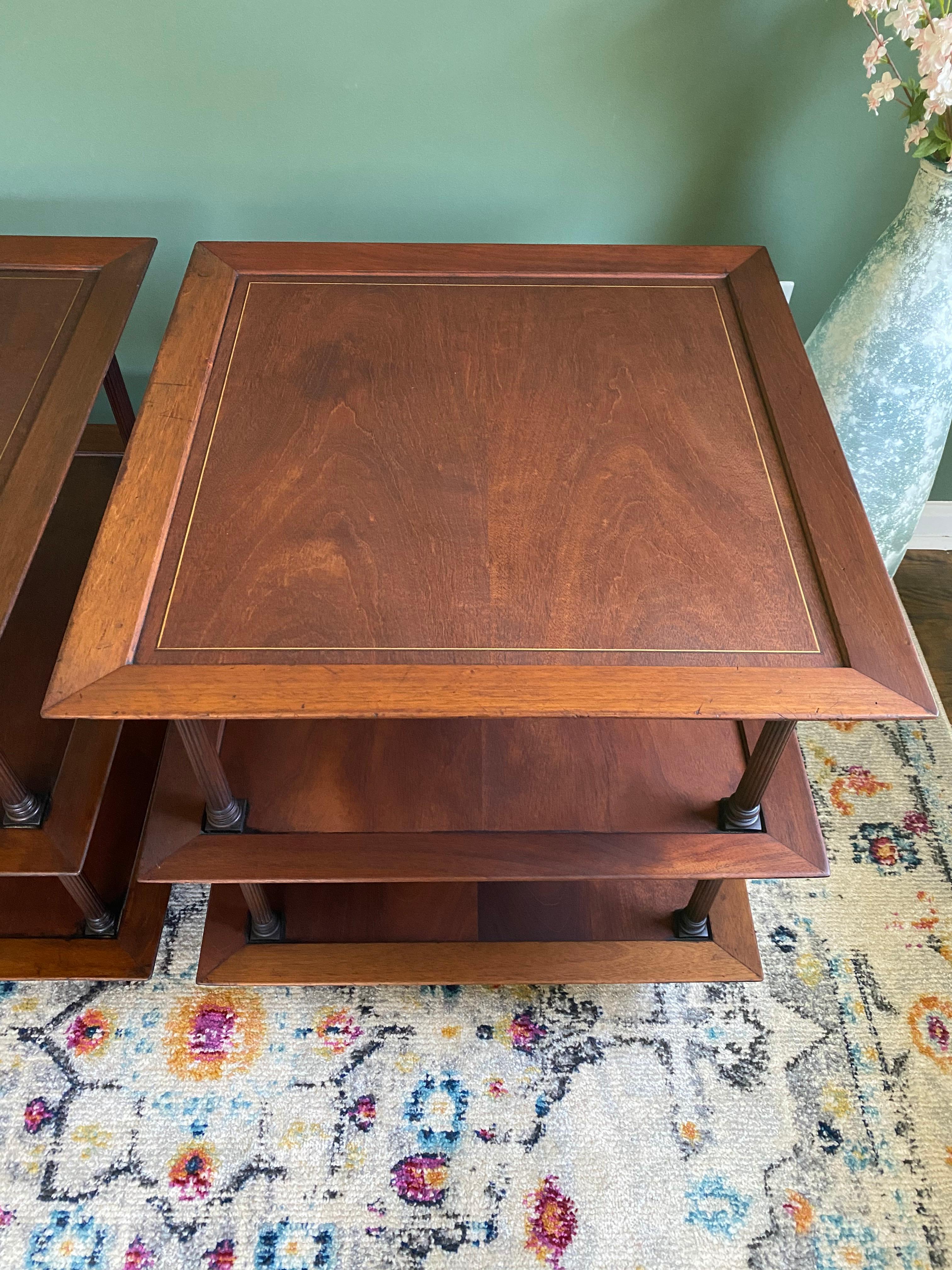 Wood Pair of Vintage Baker Furniture Co. Style Three Tier Brown Side Tables