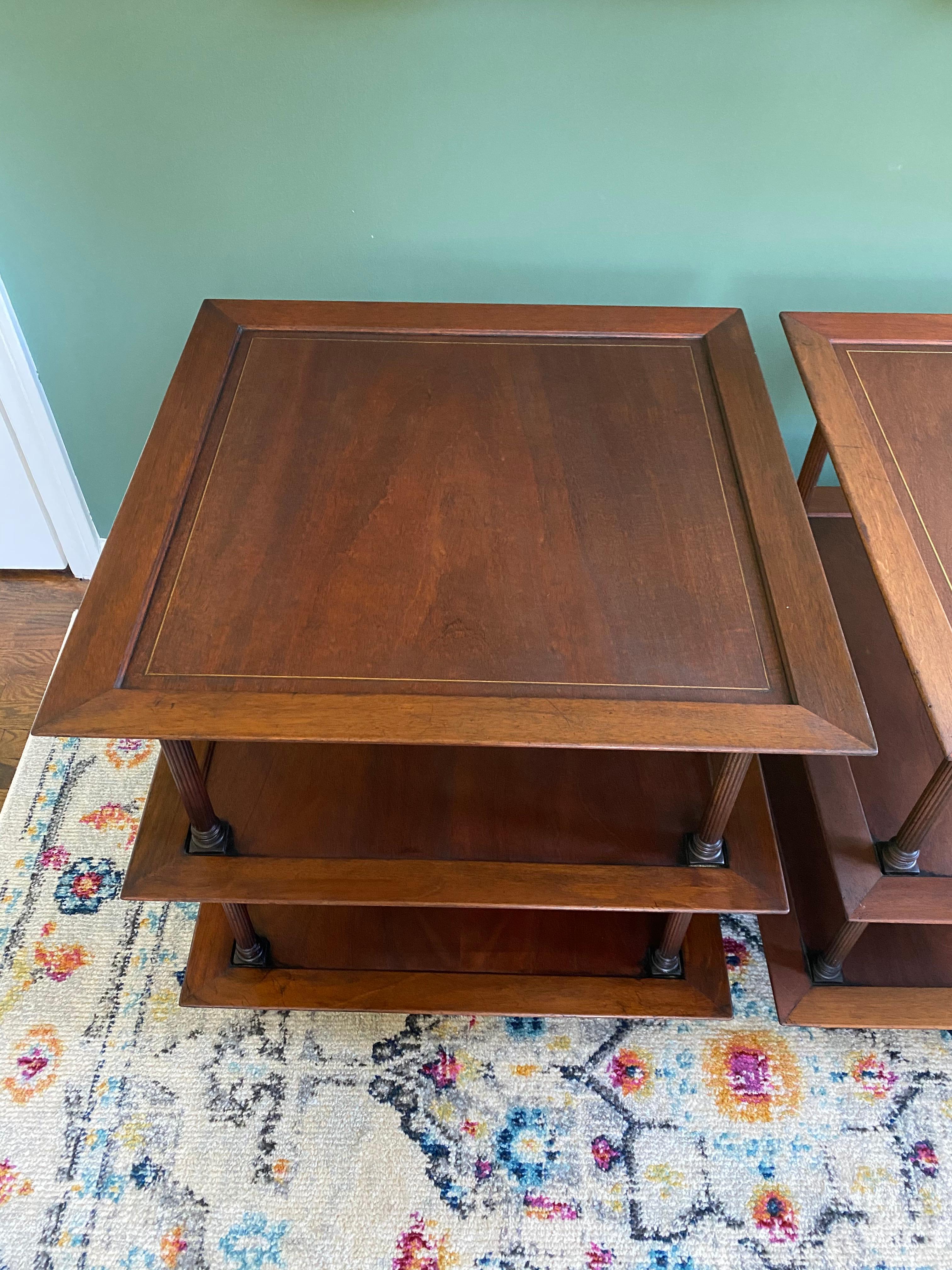 Pair of Vintage Baker Furniture Co. Style Three Tier Brown Side Tables 1