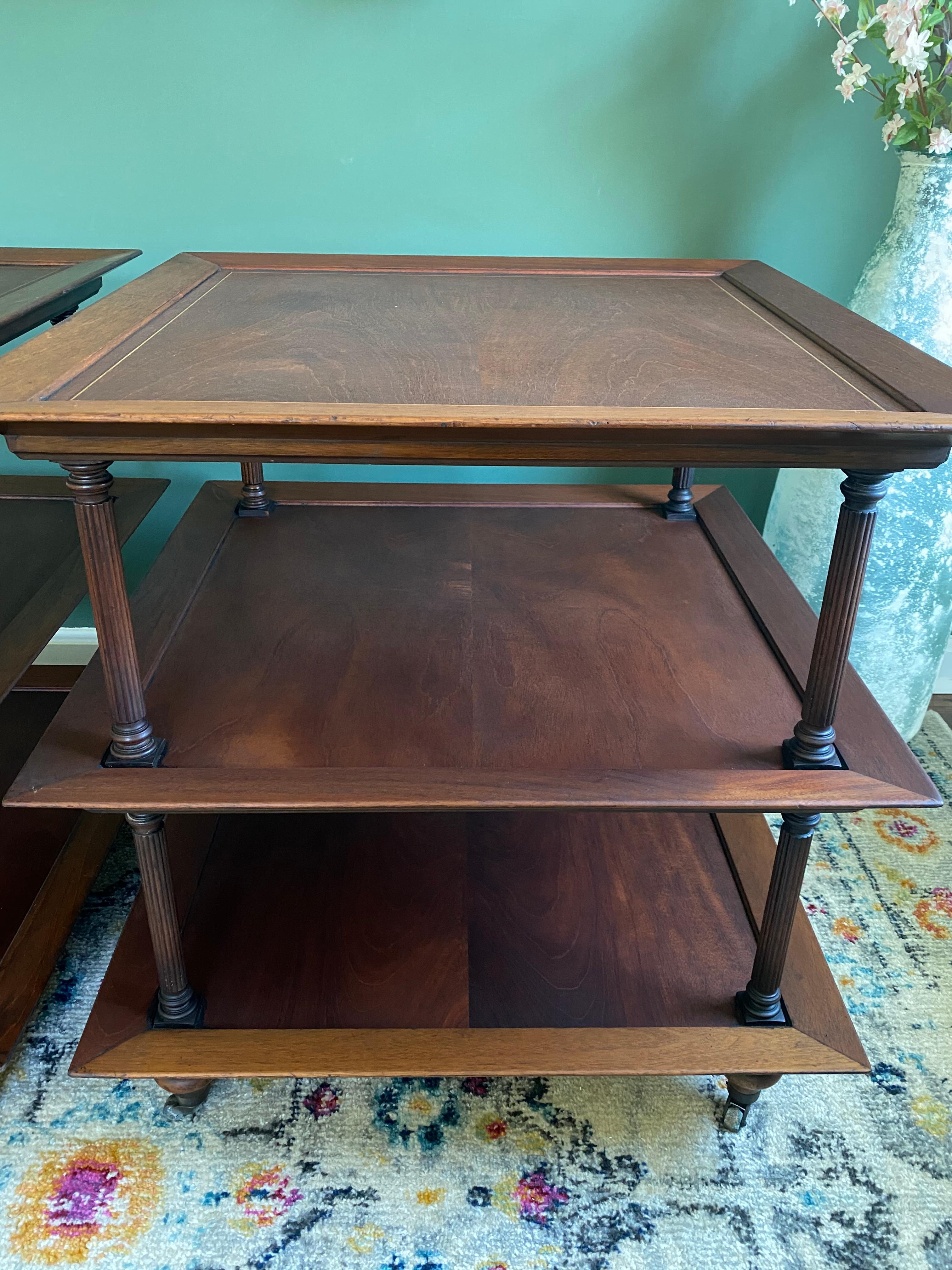 Pair of Vintage Baker Furniture Co. Style Three Tier Brown Side Tables 2