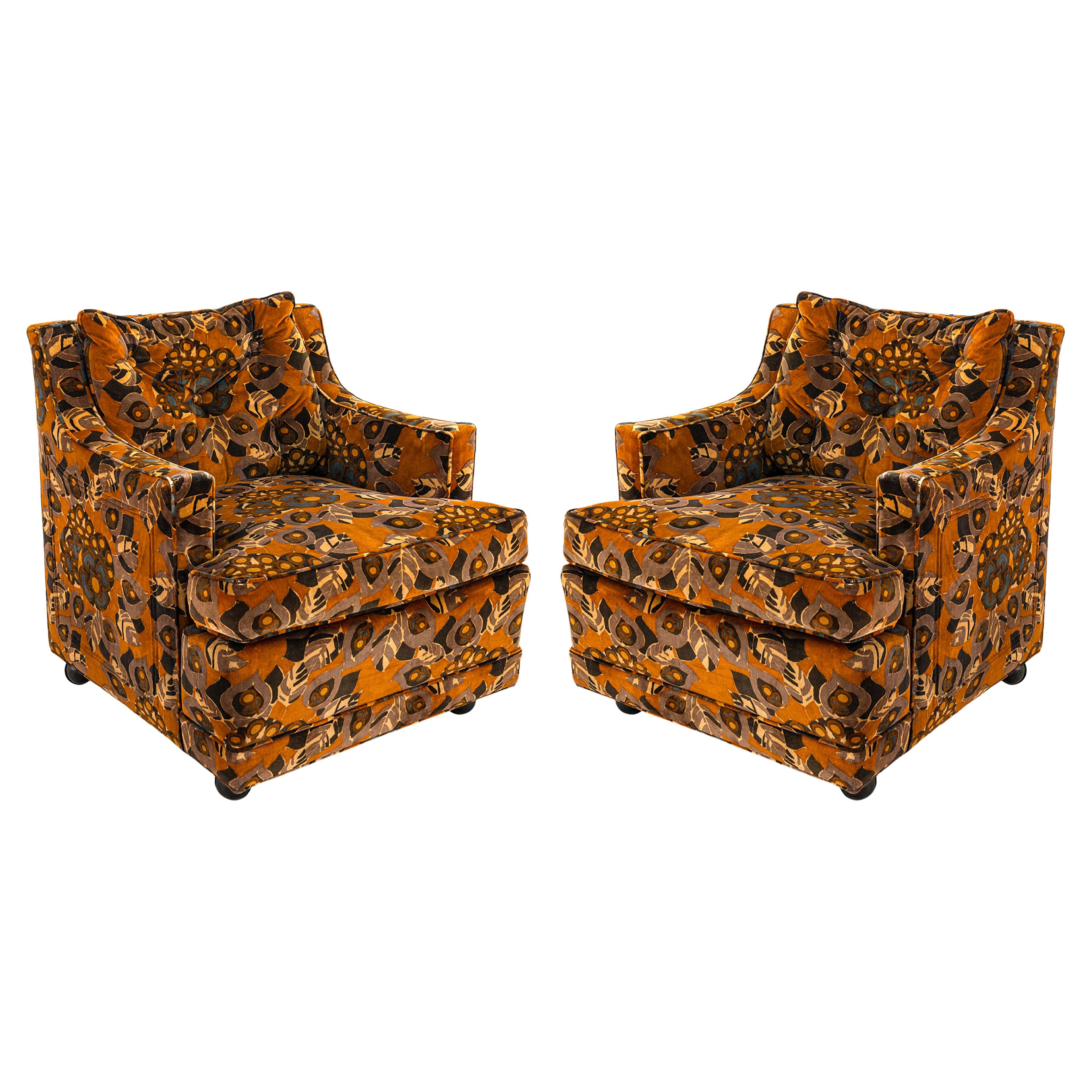 Pair of Vintage Baker Rolling Armchairs with Jack Lenor Larsen Fabric Upholstery