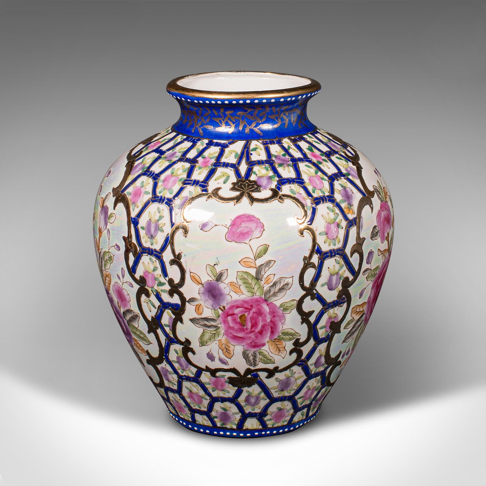 Enamel Pair Of Vintage Baluster Vases, Chinese, Handpainted, Urn, Art Deco, Circa 1940 For Sale