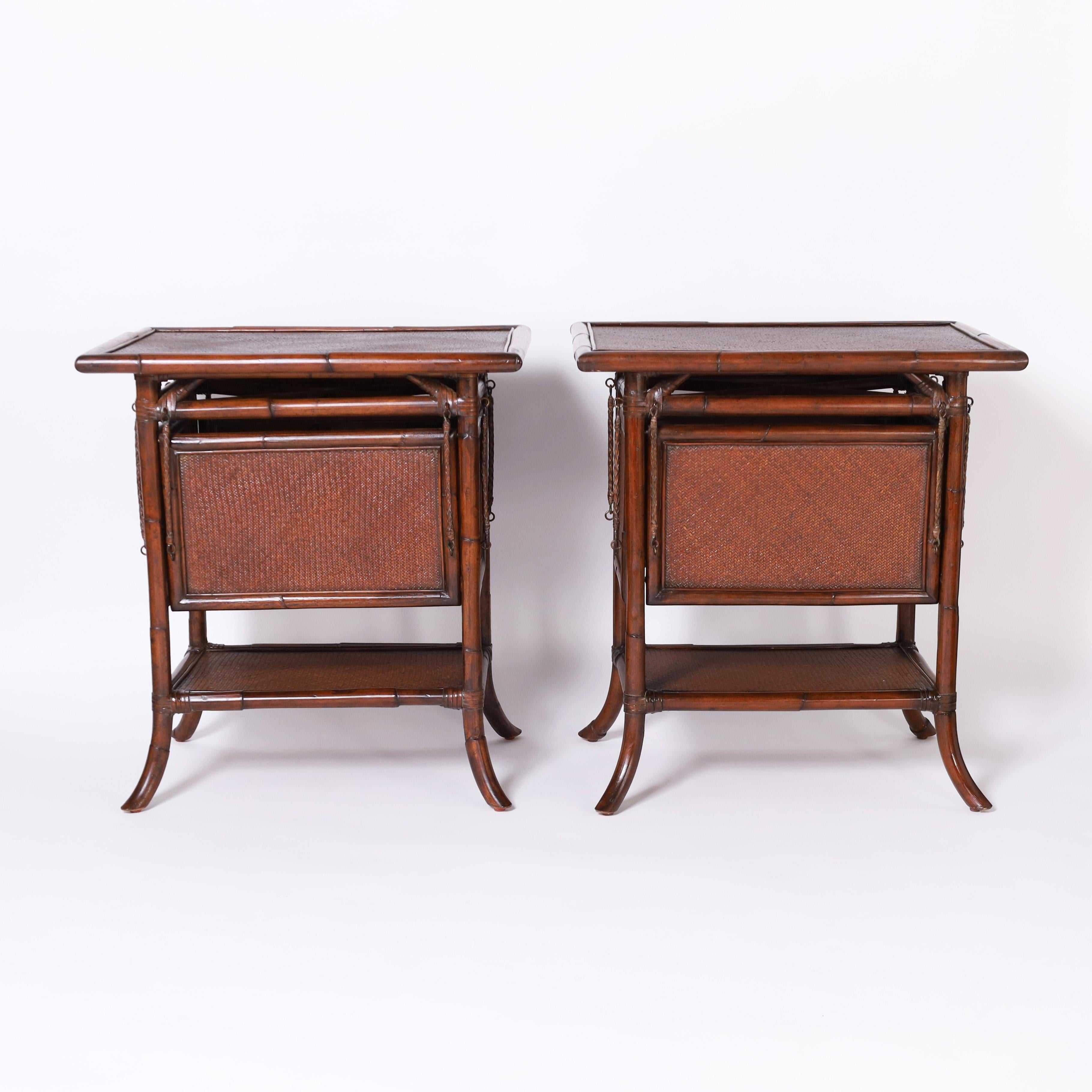 British Colonial Pair of Vintage Bamboo and Grasscloth Stands with Foldout Trays