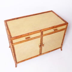 Pair of Vintage Bamboo and Grasscloth Two Door Cabinets or Servers