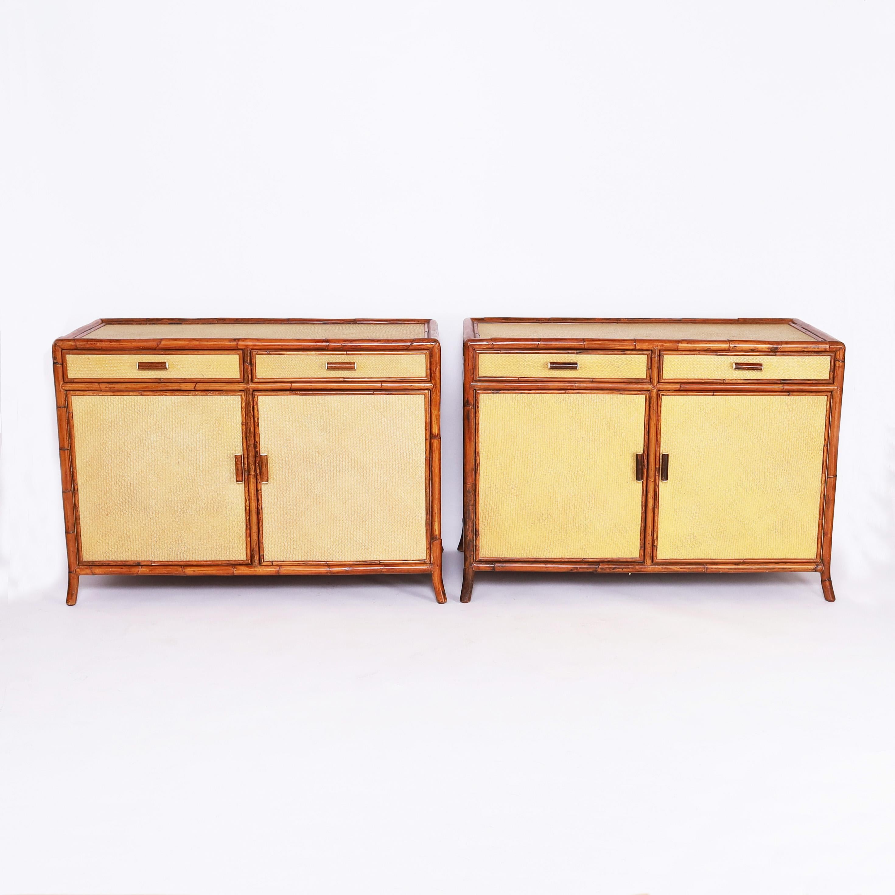 Mid-Century Modern Pair of Vintage Bamboo and Grasscloth Two Door Cabinets or Servers For Sale