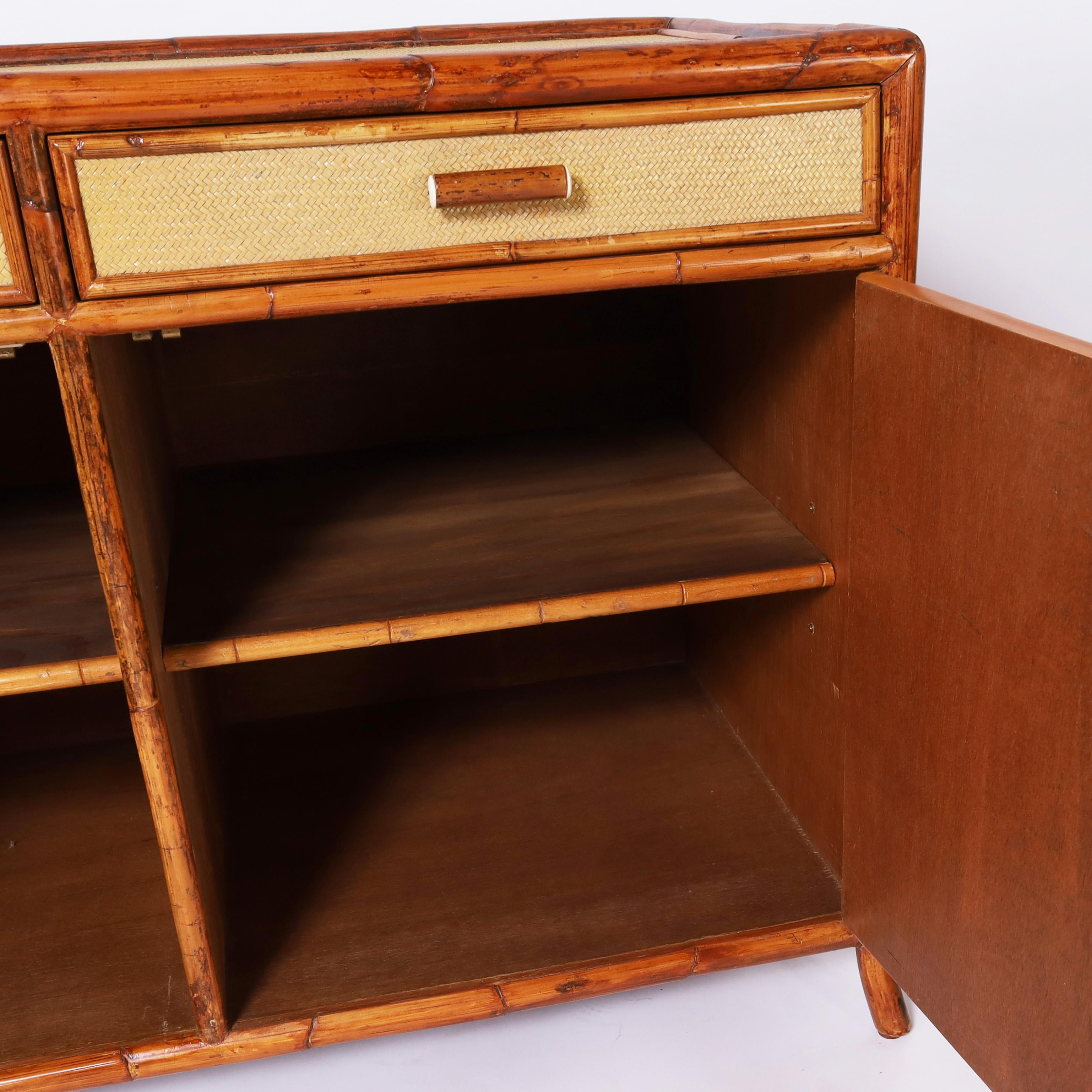 Pair of Vintage Bamboo and Grasscloth Two Door Cabinets or Servers For Sale 2