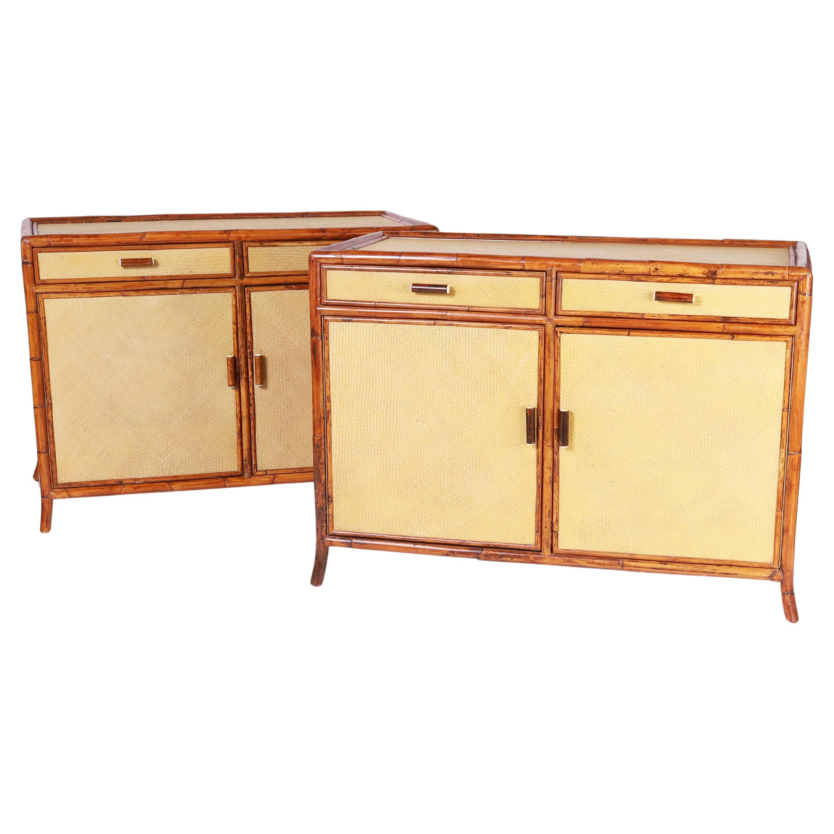 Pair of Vintage Bamboo and Grasscloth Two Door Cabinets or Servers For Sale