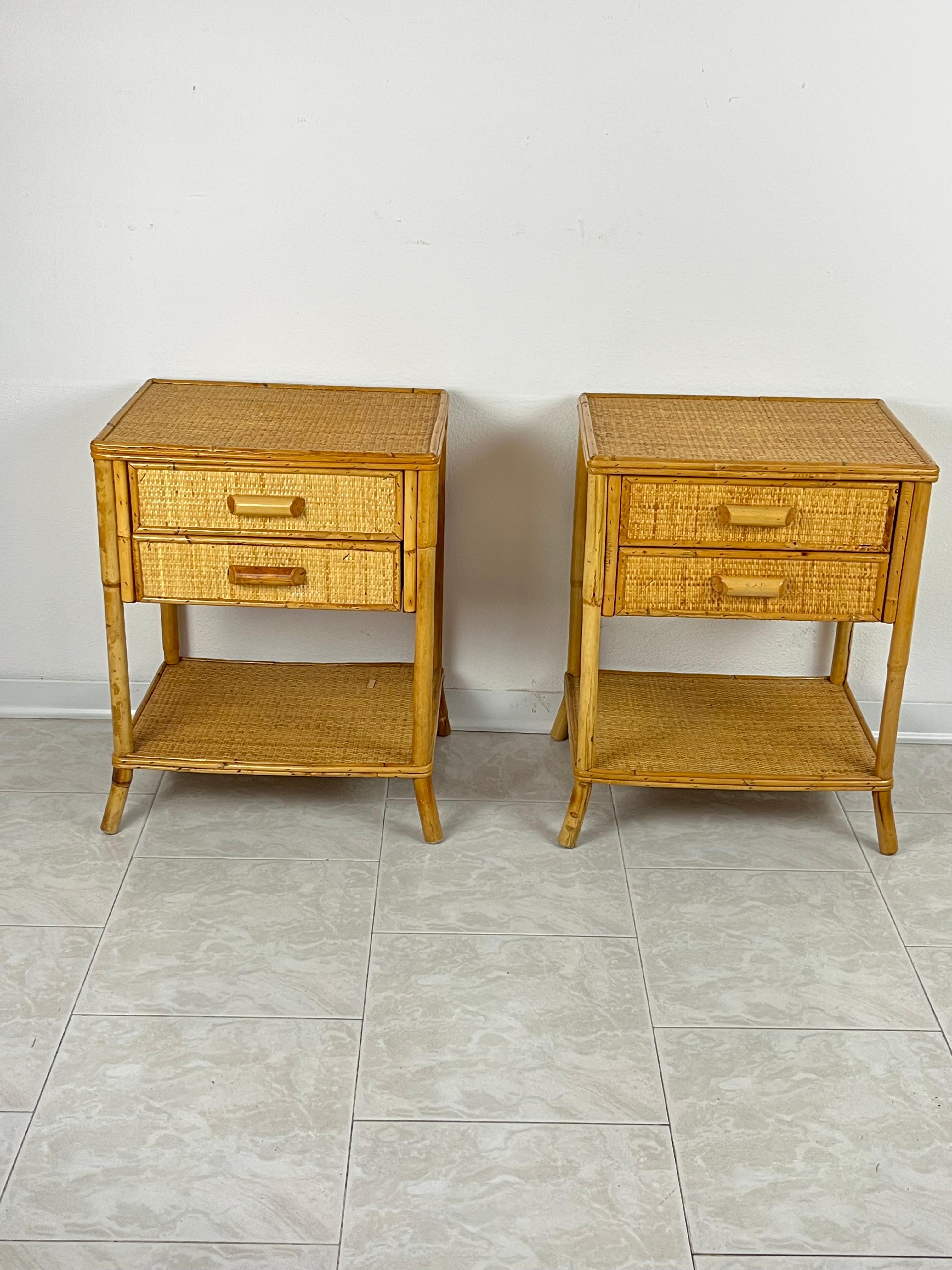 Pair of Vintage bamboo and rattan bedside tables, Italy, 1970s
Good condition, small signs of wear. Each has two drawers.
Found in a Sicilian villa.