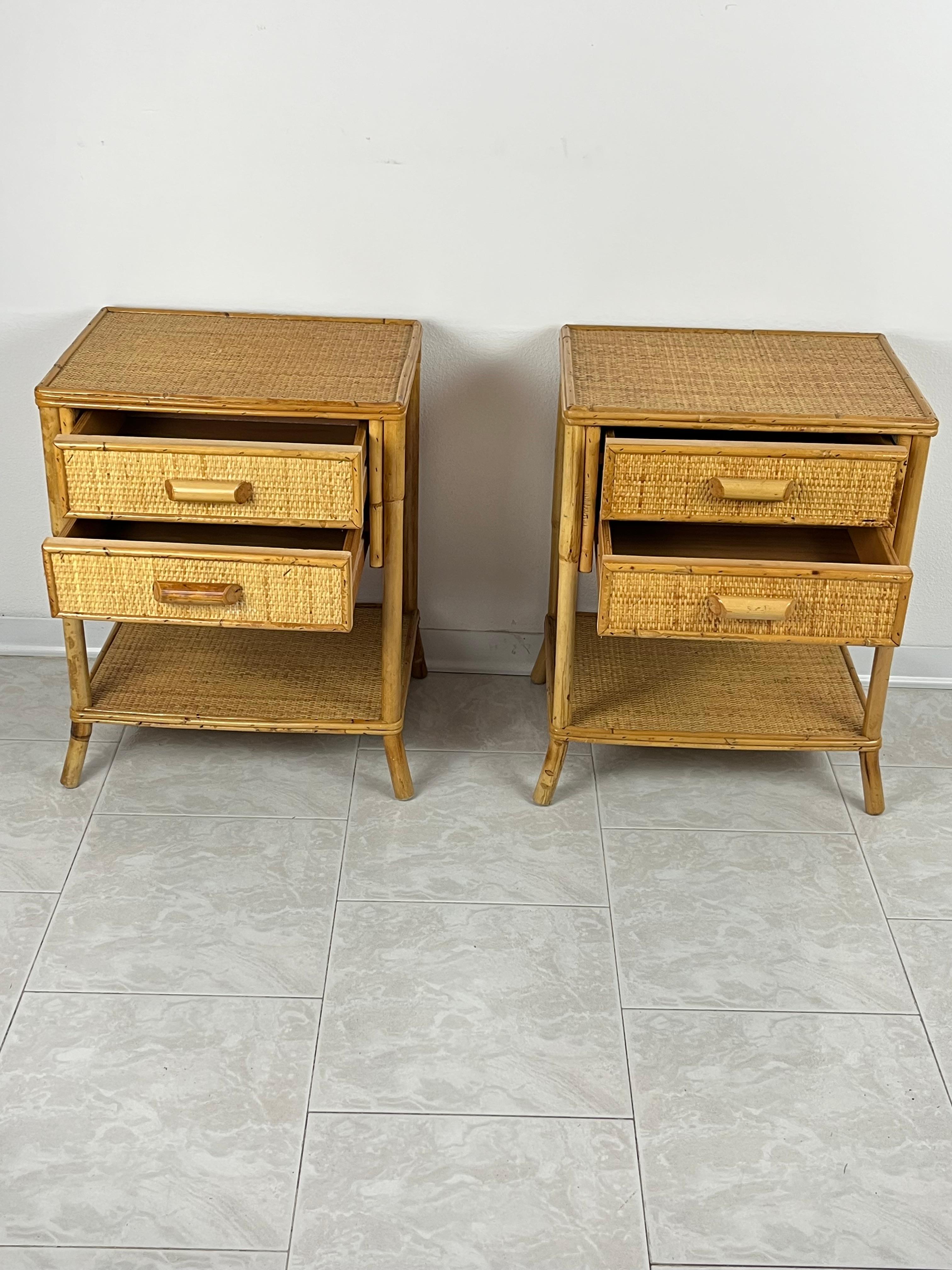 Other Pair of Vintage Italian Bamboo and Rattan Bedside Tables 1970s