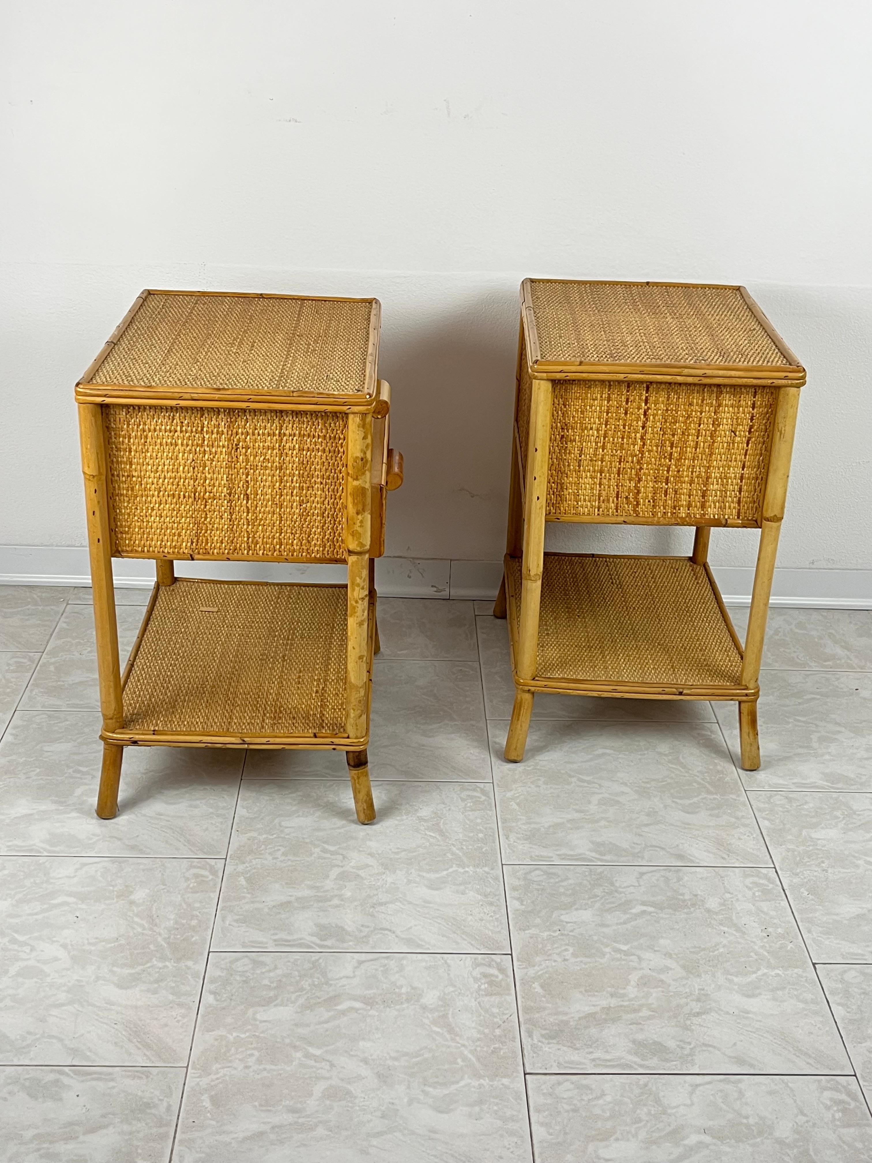 Pair of Vintage Italian Bamboo and Rattan Bedside Tables 1970s In Good Condition In Palermo, IT