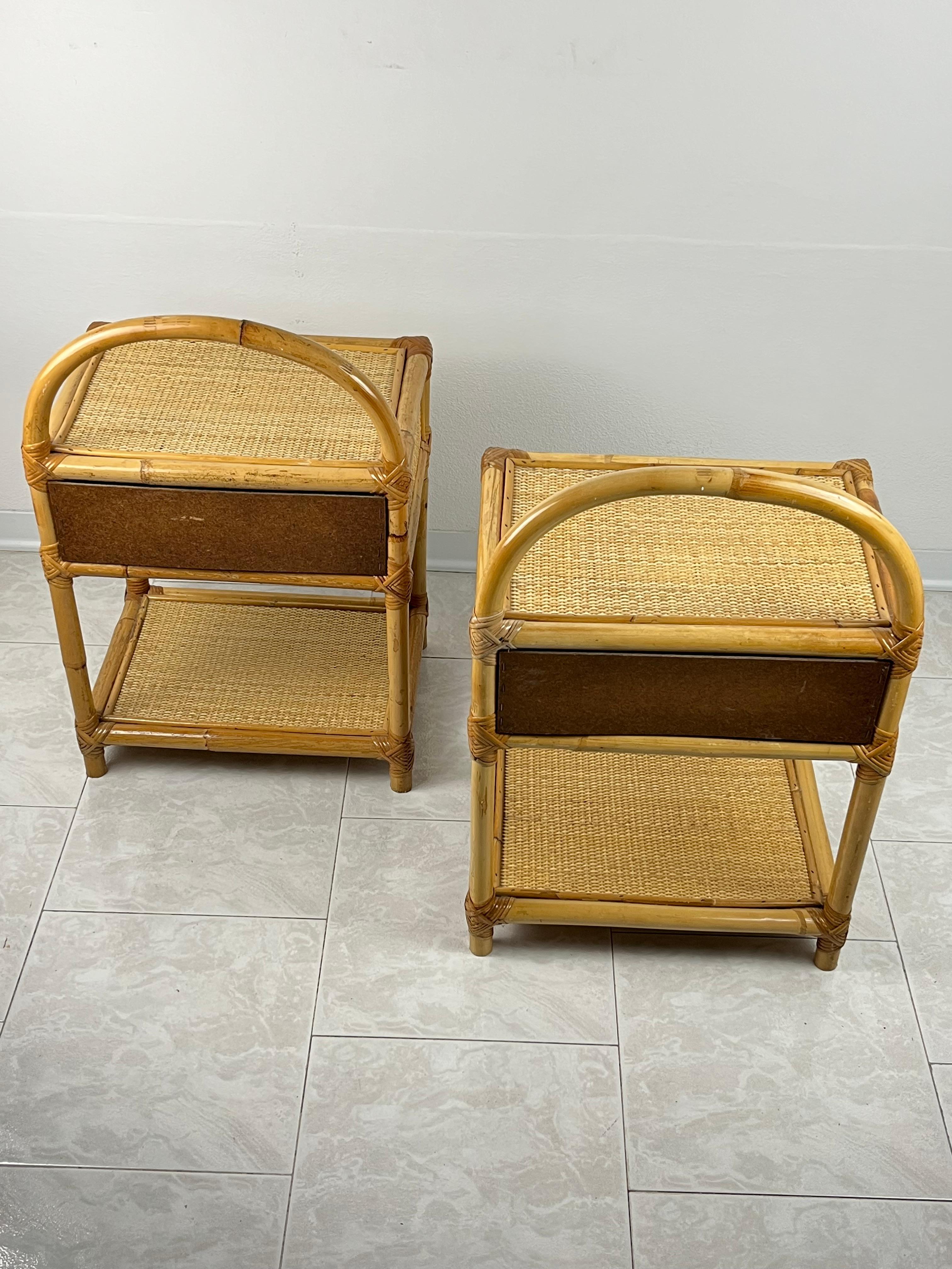 Pair of Vintage Italian  Bamboo and Rattan Bedside Tables 1970s In Good Condition For Sale In Palermo, IT