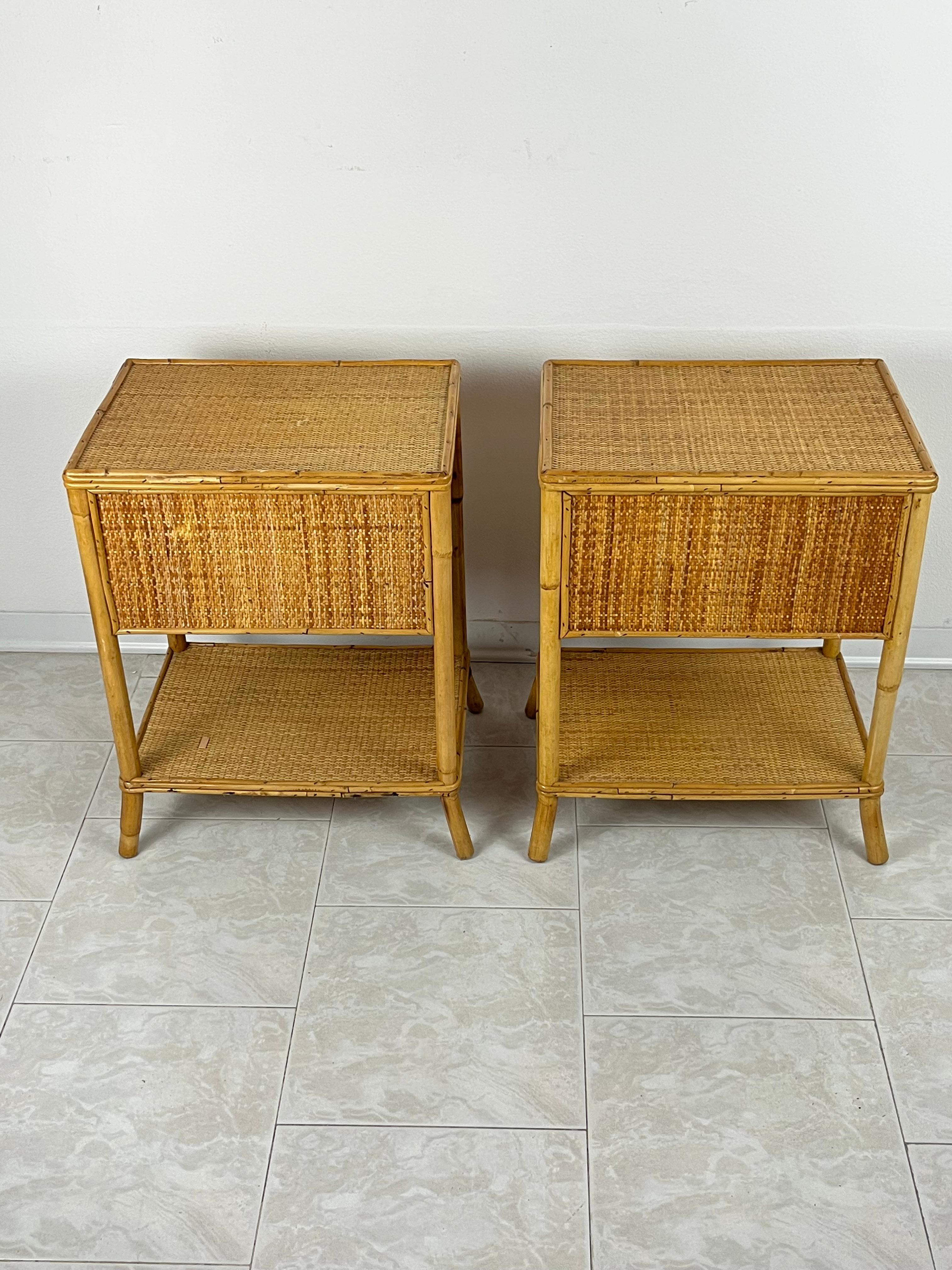 Late 20th Century Pair of Vintage Italian Bamboo and Rattan Bedside Tables 1970s