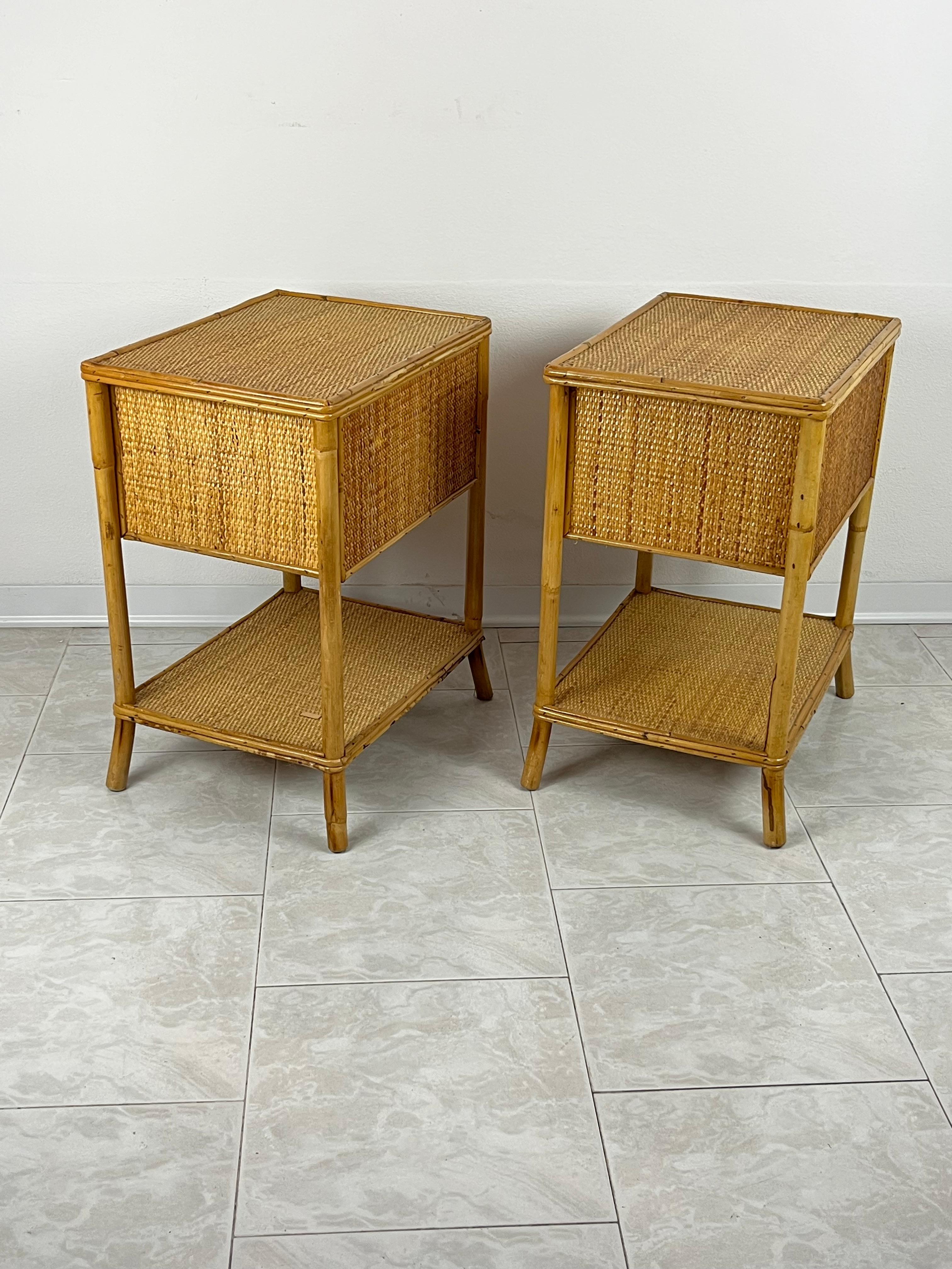 Pair of Vintage Italian Bamboo and Rattan Bedside Tables 1970s 1