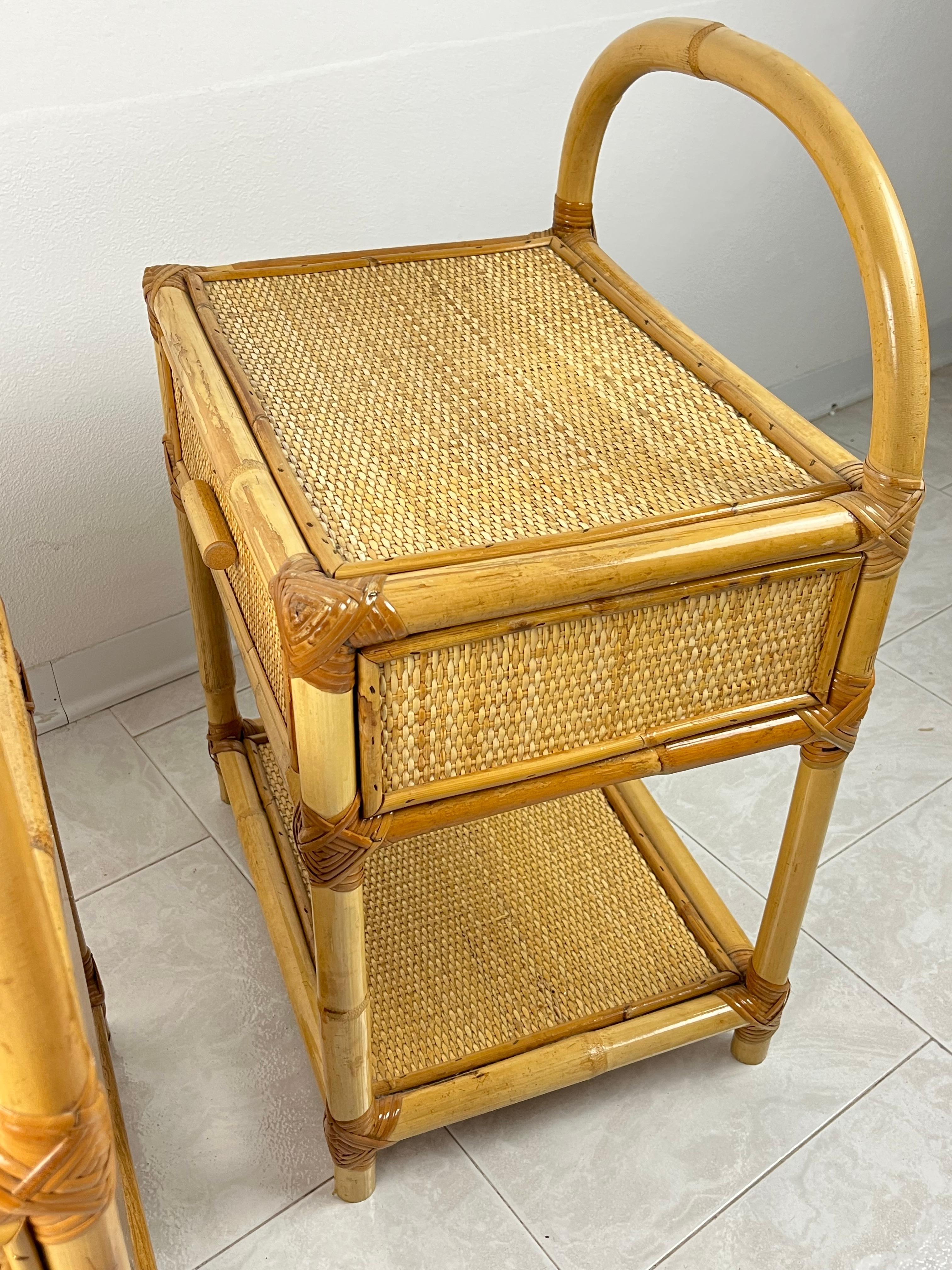 Pair of Vintage Italian  Bamboo and Rattan Bedside Tables 1970s For Sale 2