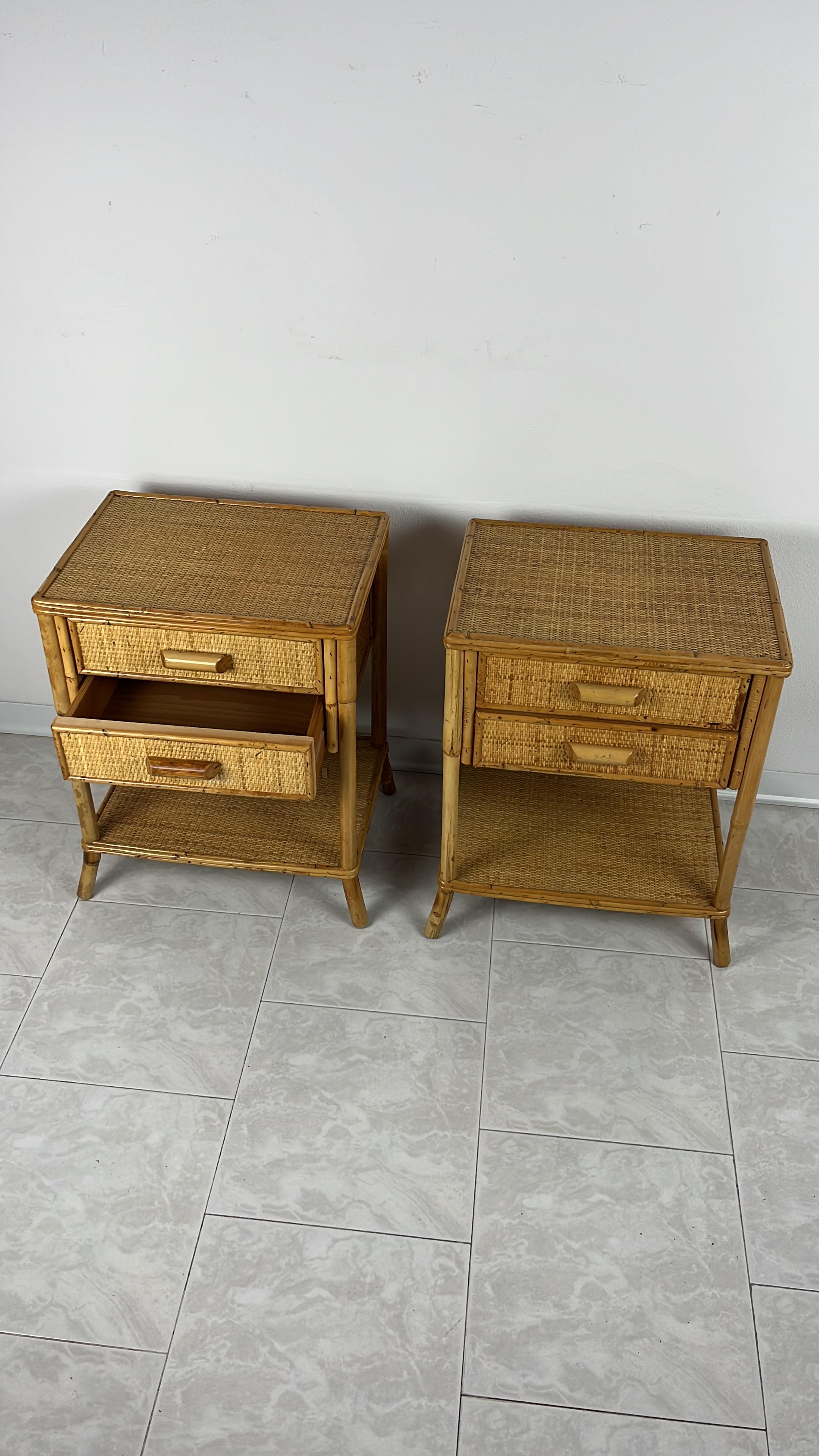 Pair of Vintage Italian Bamboo and Rattan Bedside Tables 1970s 3
