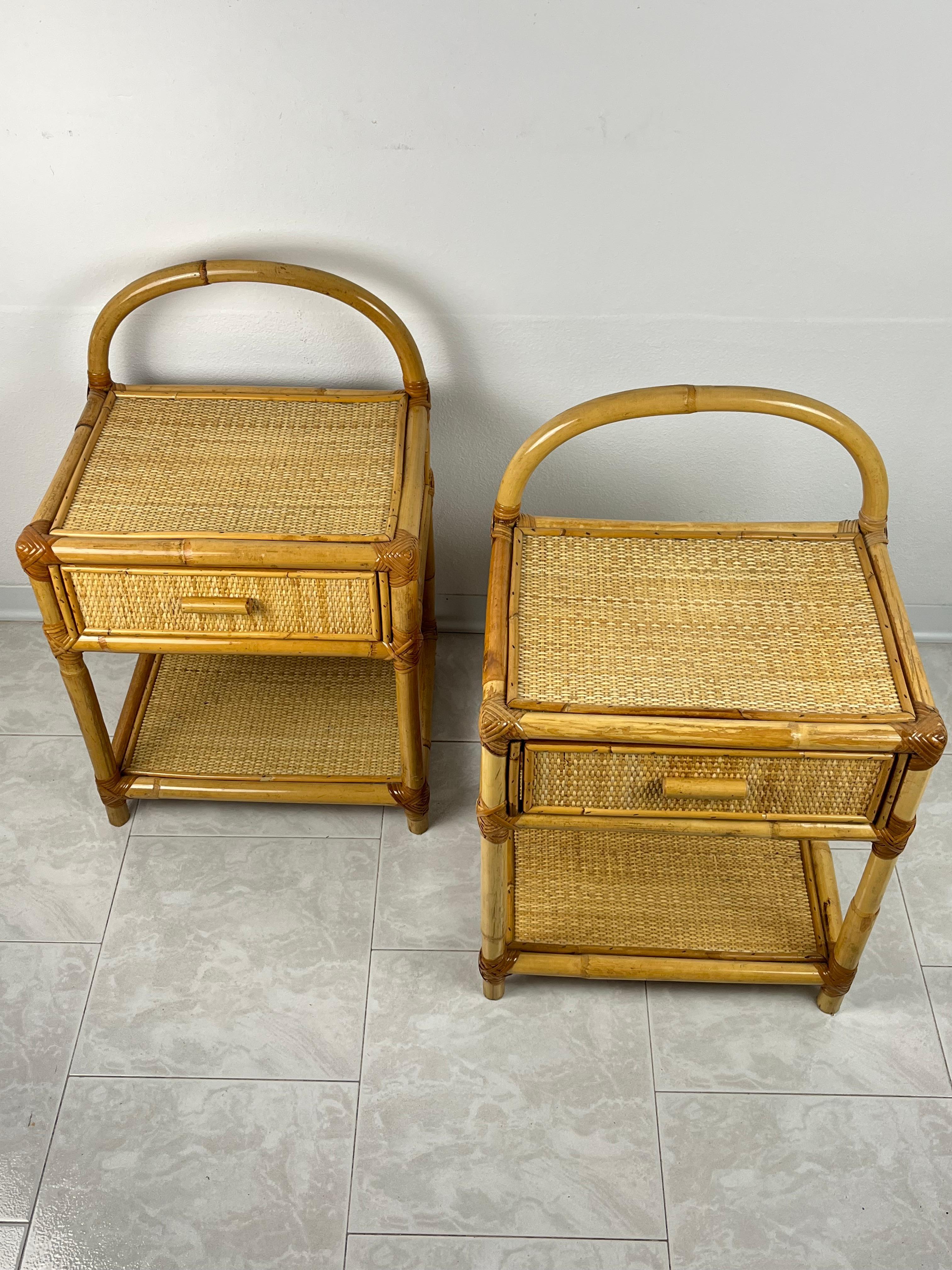 Pair of Vintage Italian  Bamboo and Rattan Bedside Tables 1970s For Sale 3